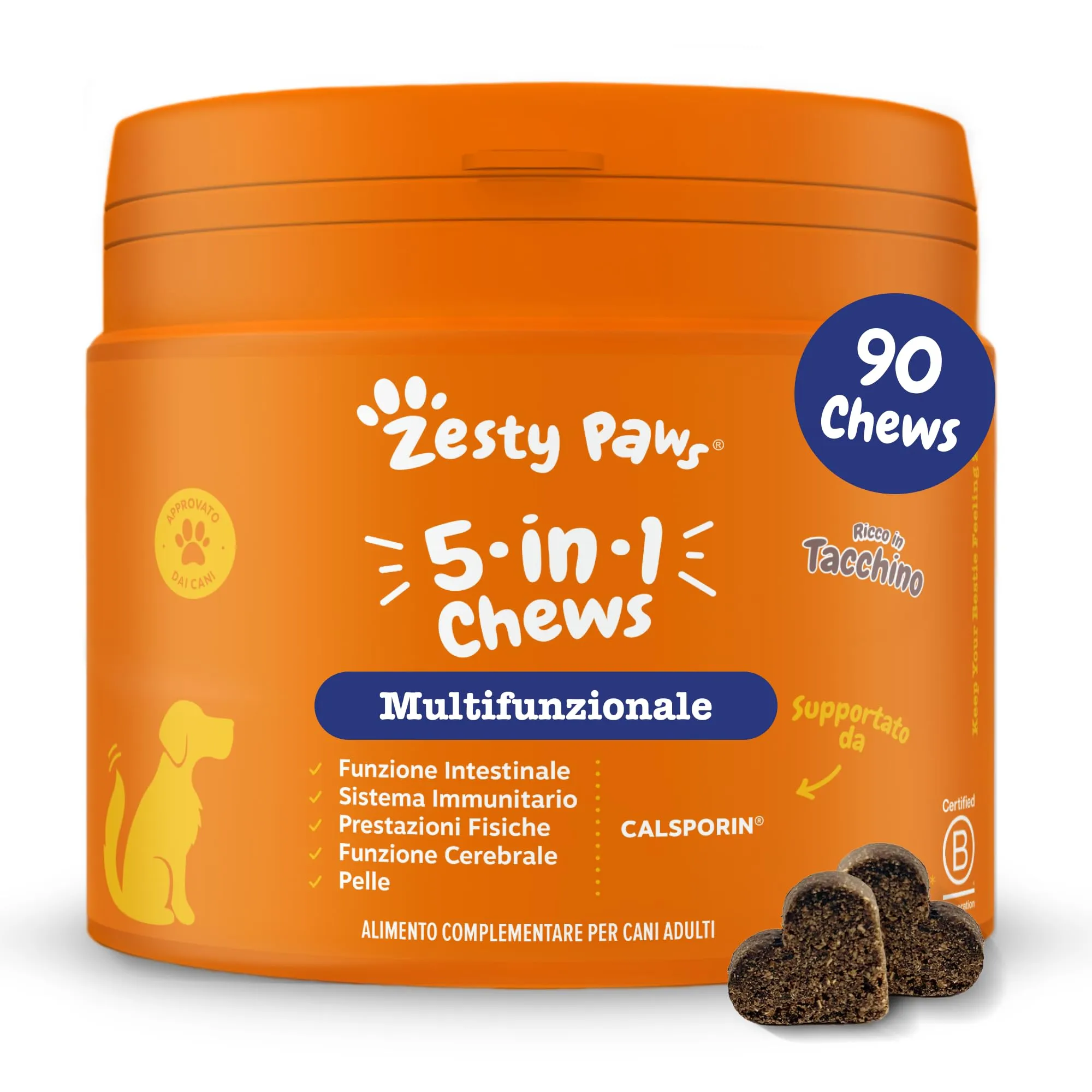 Zesty Paws Multivitaminici 5 in 1 | Integratore per Cani | Vitamine per Cani | Biotina | Intestino, Pelle, Immunità, Stress Ossidativo | Gusto Tacchino | 90 Pz