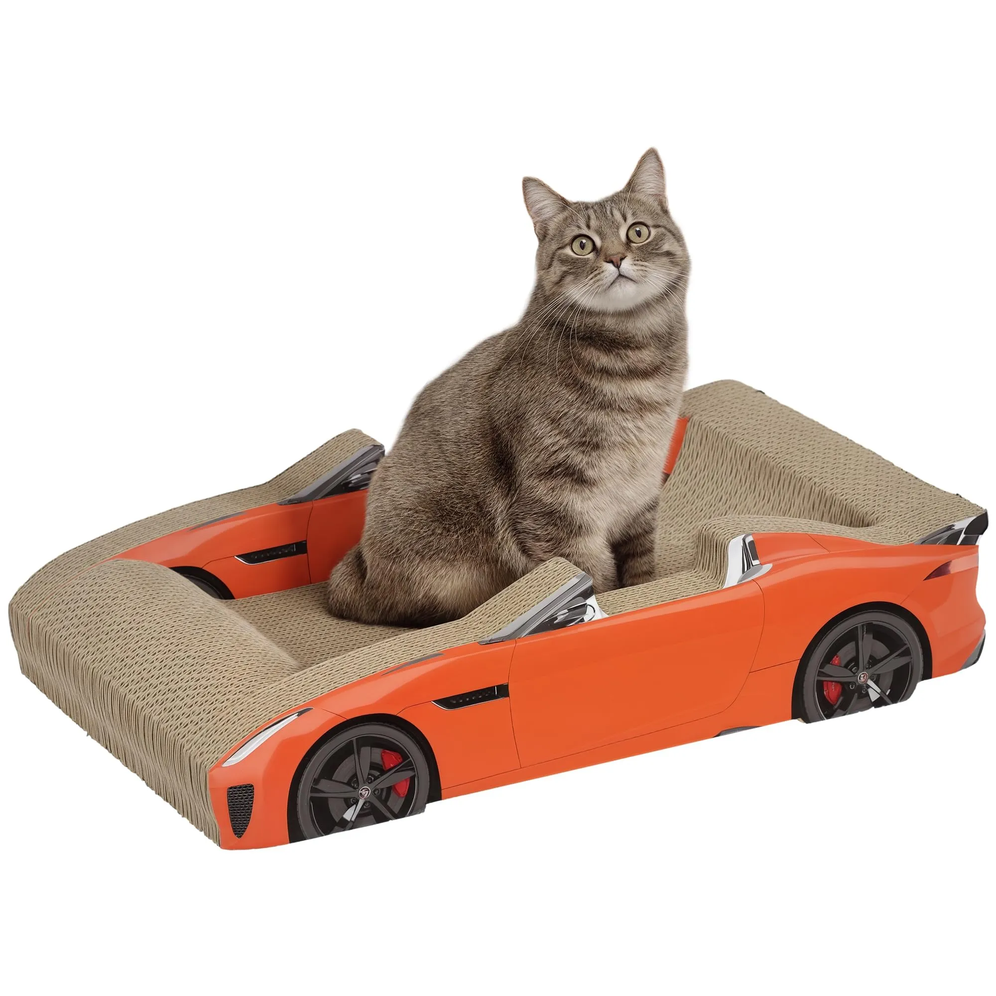 PawHut Tiragraffi per Gatti a Forma di Auto con Erba Gatta, Graffiatoio per Gatti in Cartone Ondulato, 50x30x12.5 cm, Rosso