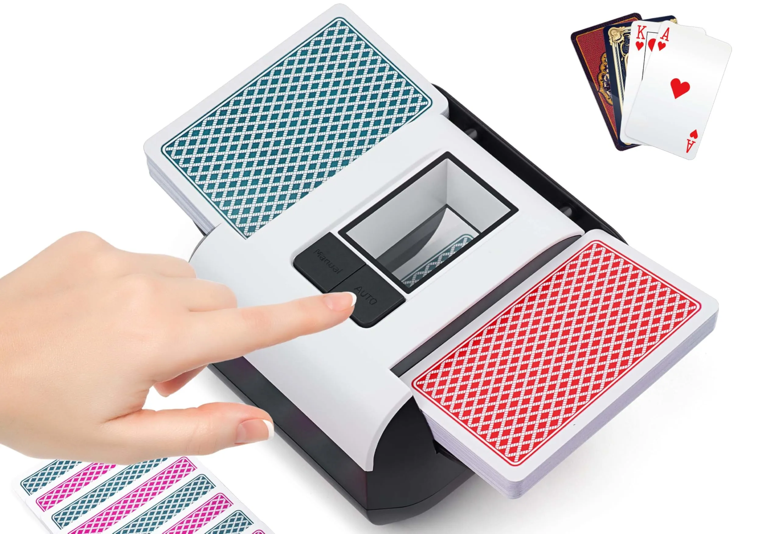 OBLITZON Mischia Carte Automatico, Mescolatore Carte da Gioco Elettrico per 1-2 Mazzi modalità Auto e Manuale Batteria Ricaricabile Basso Rumore per Poker Uno Skip-Bo Phase 10 Texas Hold'em Blackjack