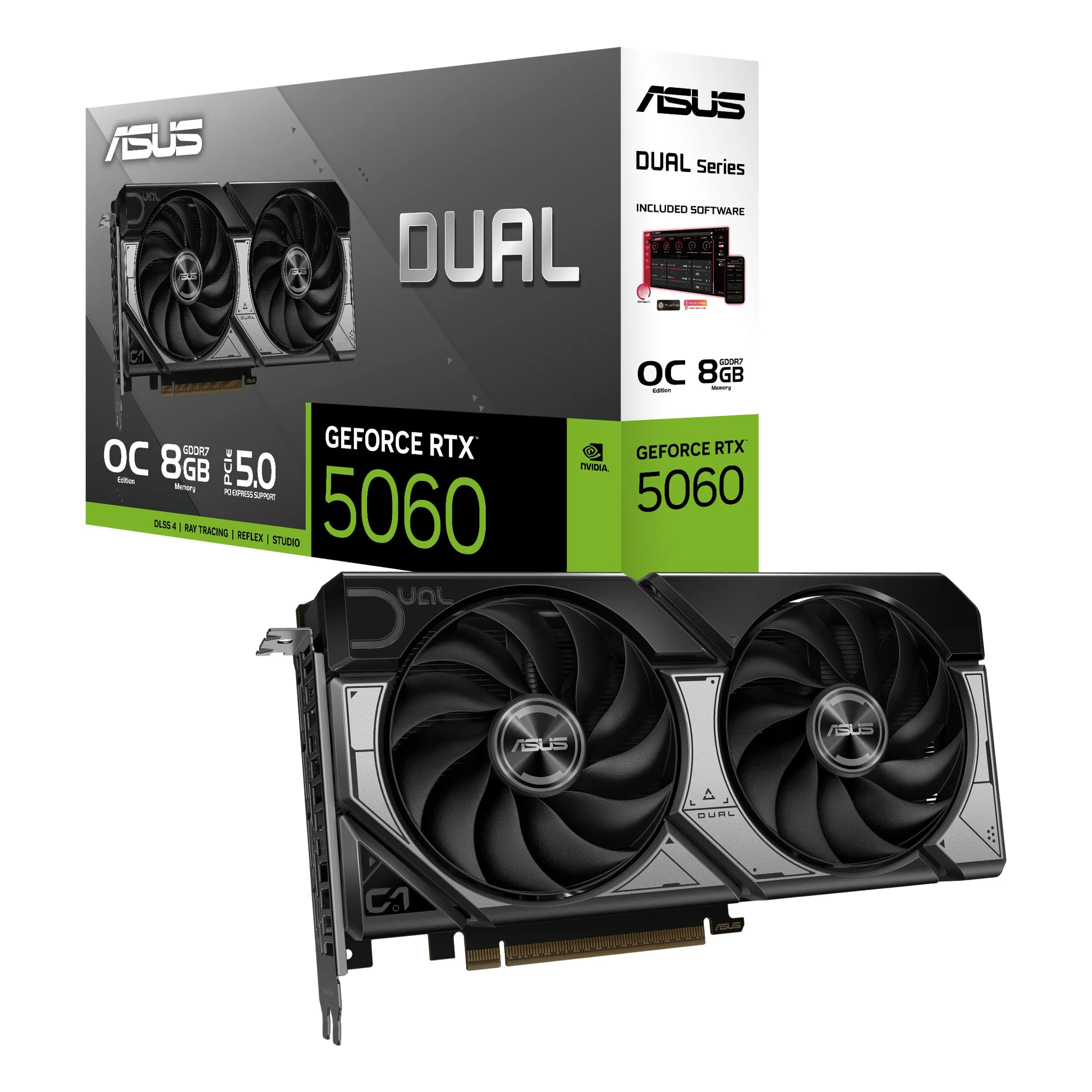 ASUS Dual NVIDIA GeForce RTX 5060 OC Edition, Scheda Grafica da 8 GB GDDR7, 128 Bit, PCIe 5.0, 2,5 Ventole Axial-Tech, 1 HDMI 2.1, 3 DisplayPort 2.1, GPU Tweak III, Bianco, DUAL-RTX5060-O8G