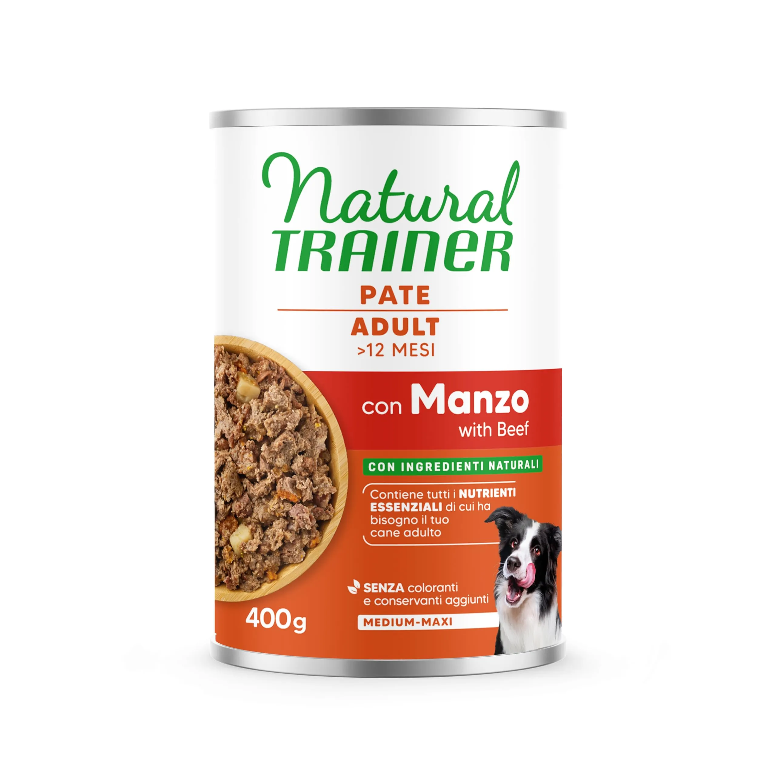Natural Trainer Medium-Maxi Cibo Umido per Cani Adulti - Paté con Manzo 12 x 400g