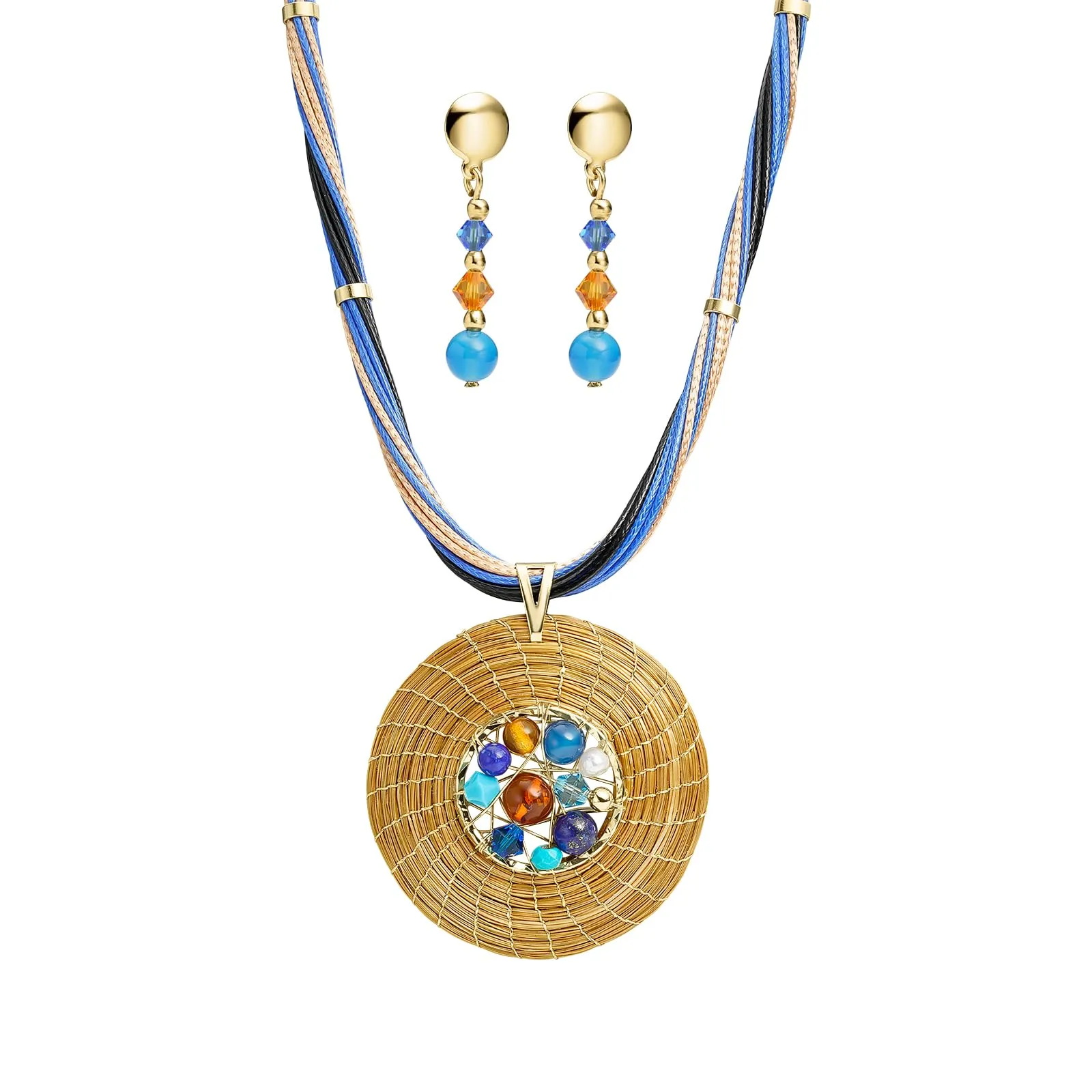 Conjunto Collar Dorado en Oro Vegetal con Piedras, Swarovski y Pendientes