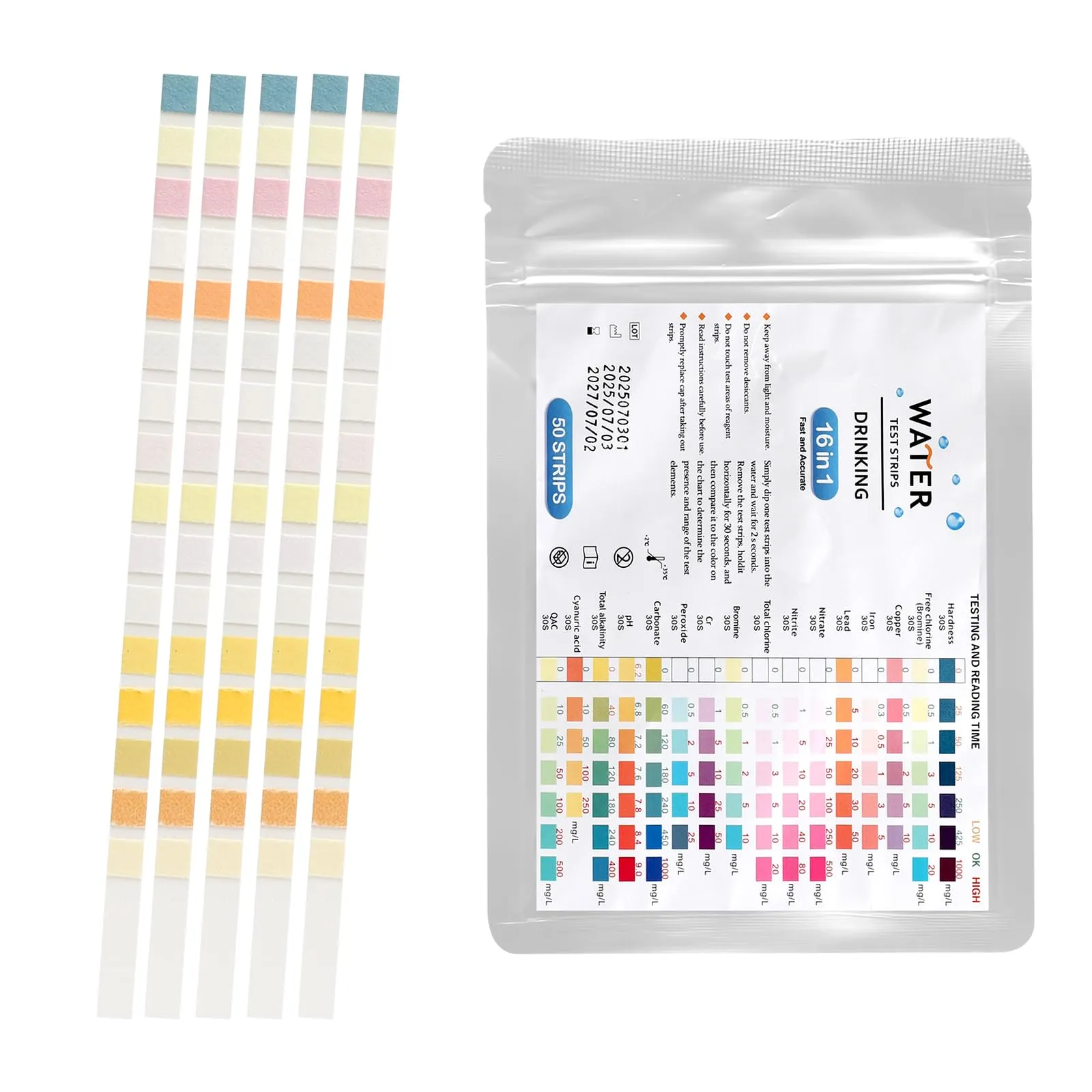 APOMOONS 50 Pezzi Tester D'acqua Potabile 16 in 1, Misurazione Della Durezza Dell'acqua, Test del PH, Piombo, Ferro, Rame, Ecc., Adatte per L'acqua del Rubinetto Domestico, Acquari, Piscine