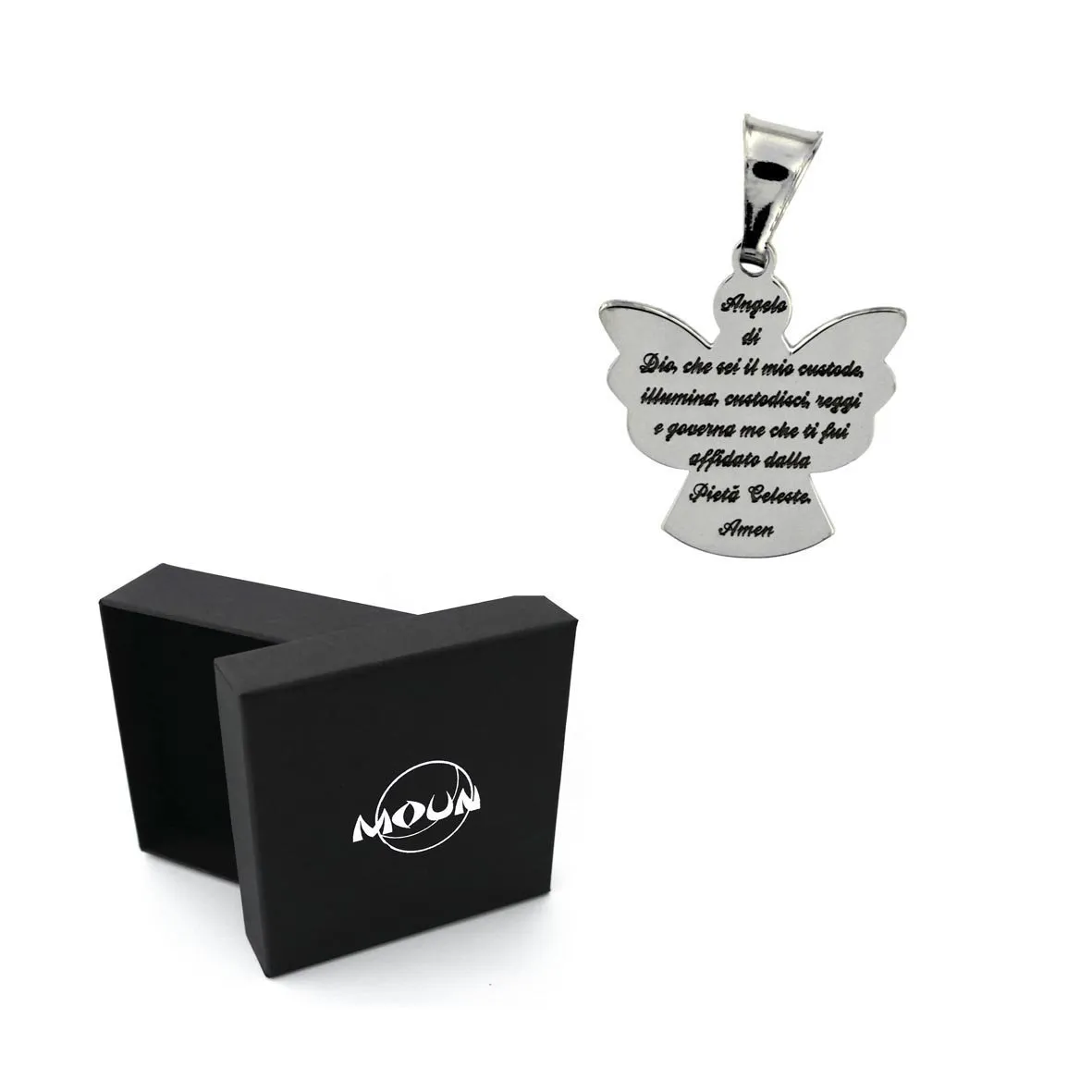 Pendente a forma di angelo con incisa la preghiera Angelo di Dio, in argento 925 rodiato. Originale MOUN. Made in Italy.
