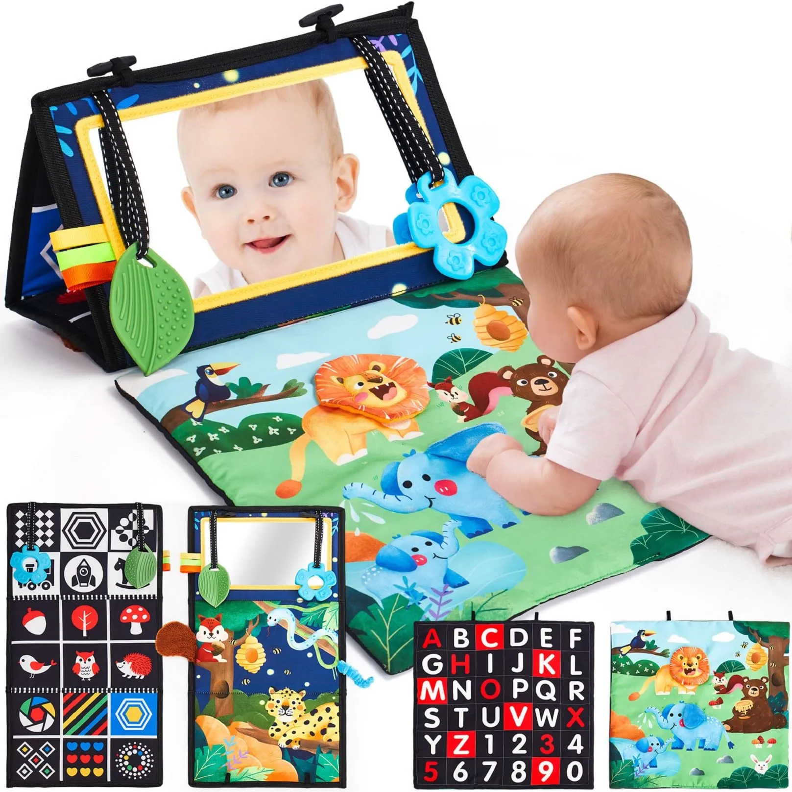hahaland Giochi Montessori 0 3 6 12 Mesi Specchio Neonato, Libro Sensoriale con Specchio, Tummy Time Neonati Bianco e Nero Giocattoli Educativi