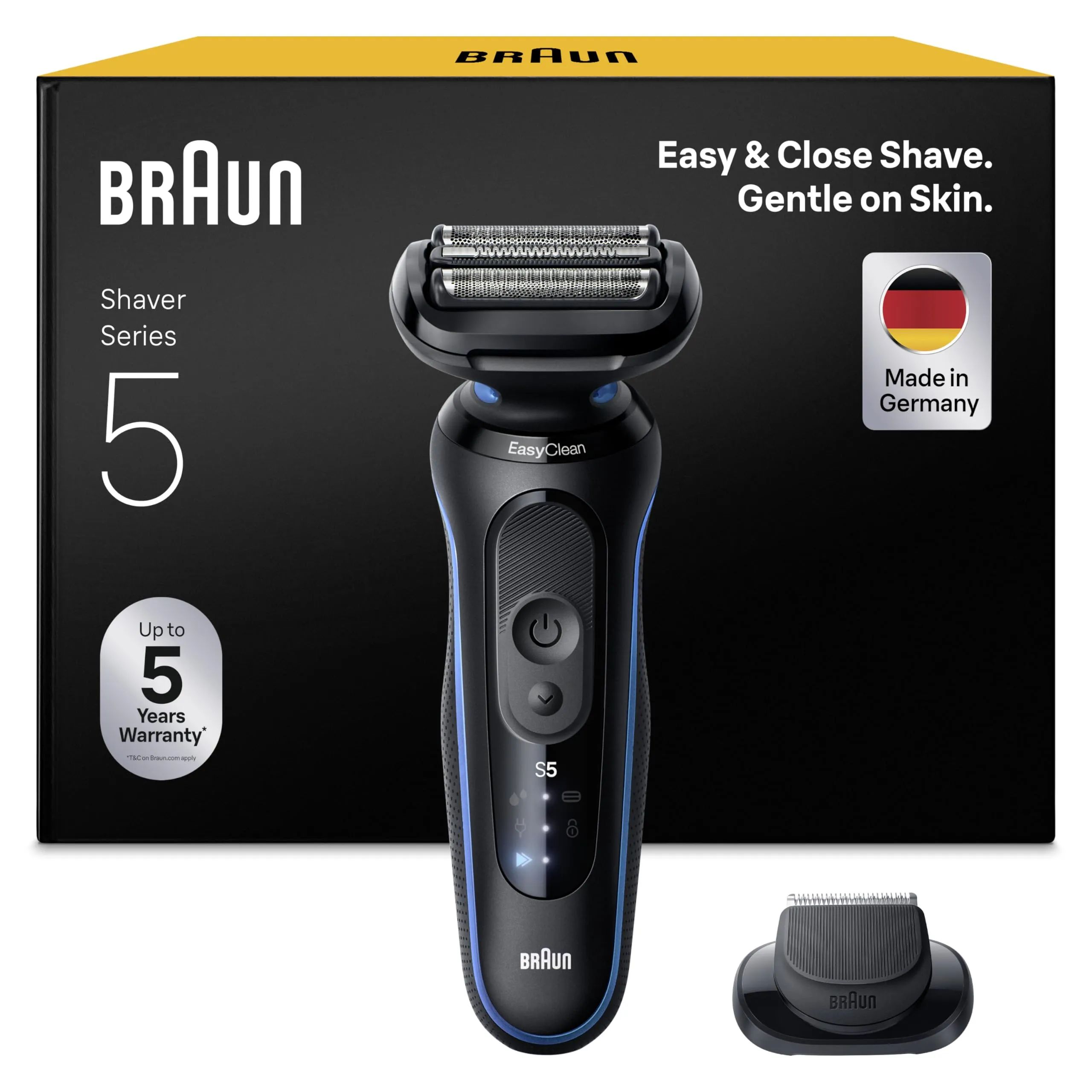 Braun Serie 5 Rasoio Elettrico Barba, Wet&Dry, Regolabarba Uomo, Rasoio Barba, 50 Min Di Utilizzo, Accessorio Rifinitore di Precisione, Senza Fili, 100% Impermeabile, 52-B1200SI, Blu