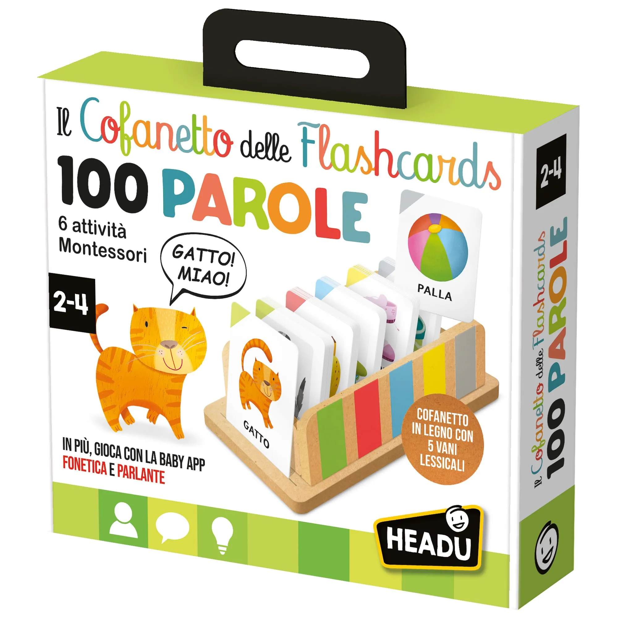 HEADU - Il Cofanetto delle Flashcards 100 parole - La Più Ricca Raccolta di Flashcards Per Imparare le Prime Parole | Con App Interattiva, Gioco Educativo 2 3 4 Anni, Idea Regalo, Made in Italy