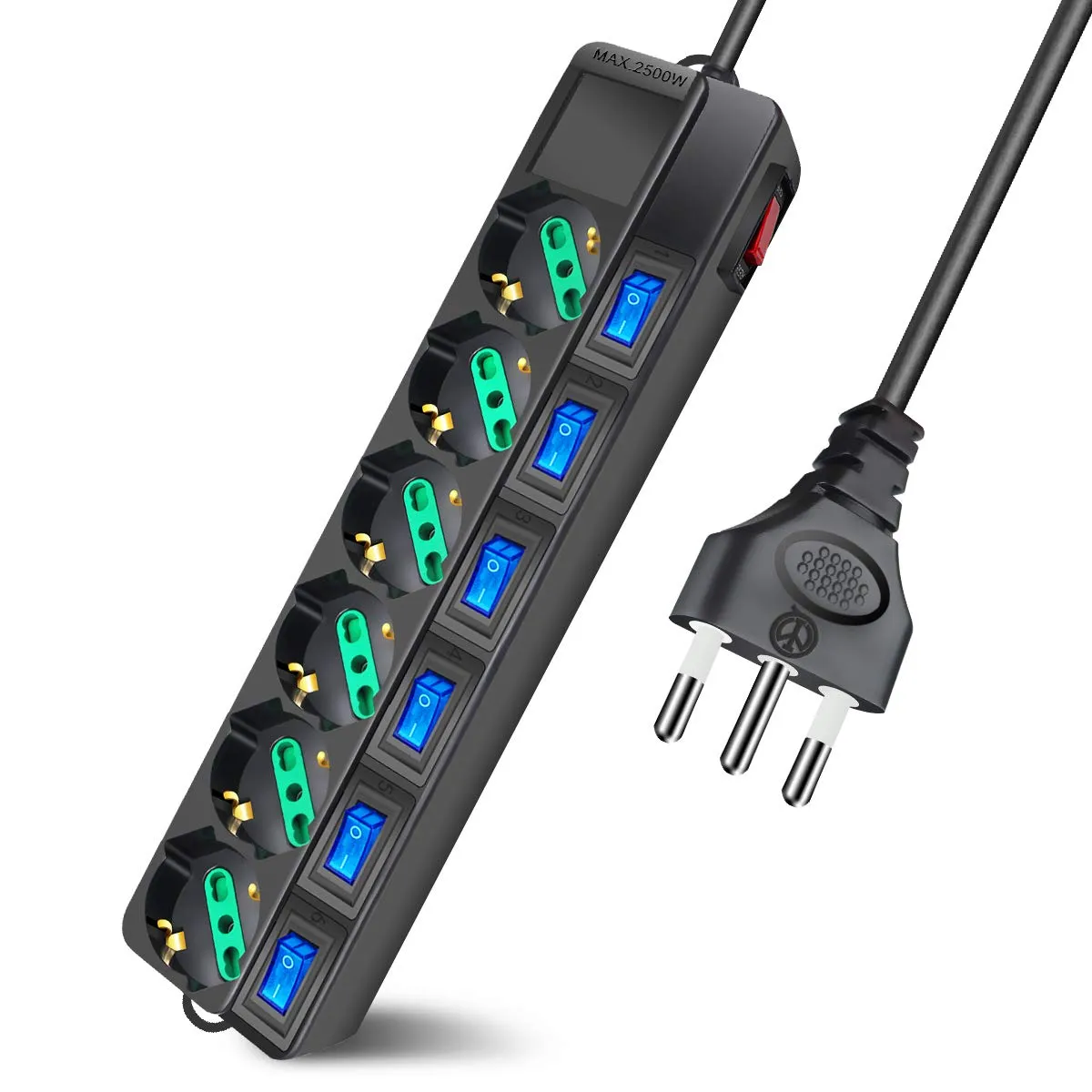 Extrastar Multipresa ciabatta elettrica 6 Posti 10/16A Bipasso Schuko 250V Max:2500W con interruttori indipendenti 1,5MT(Nero)