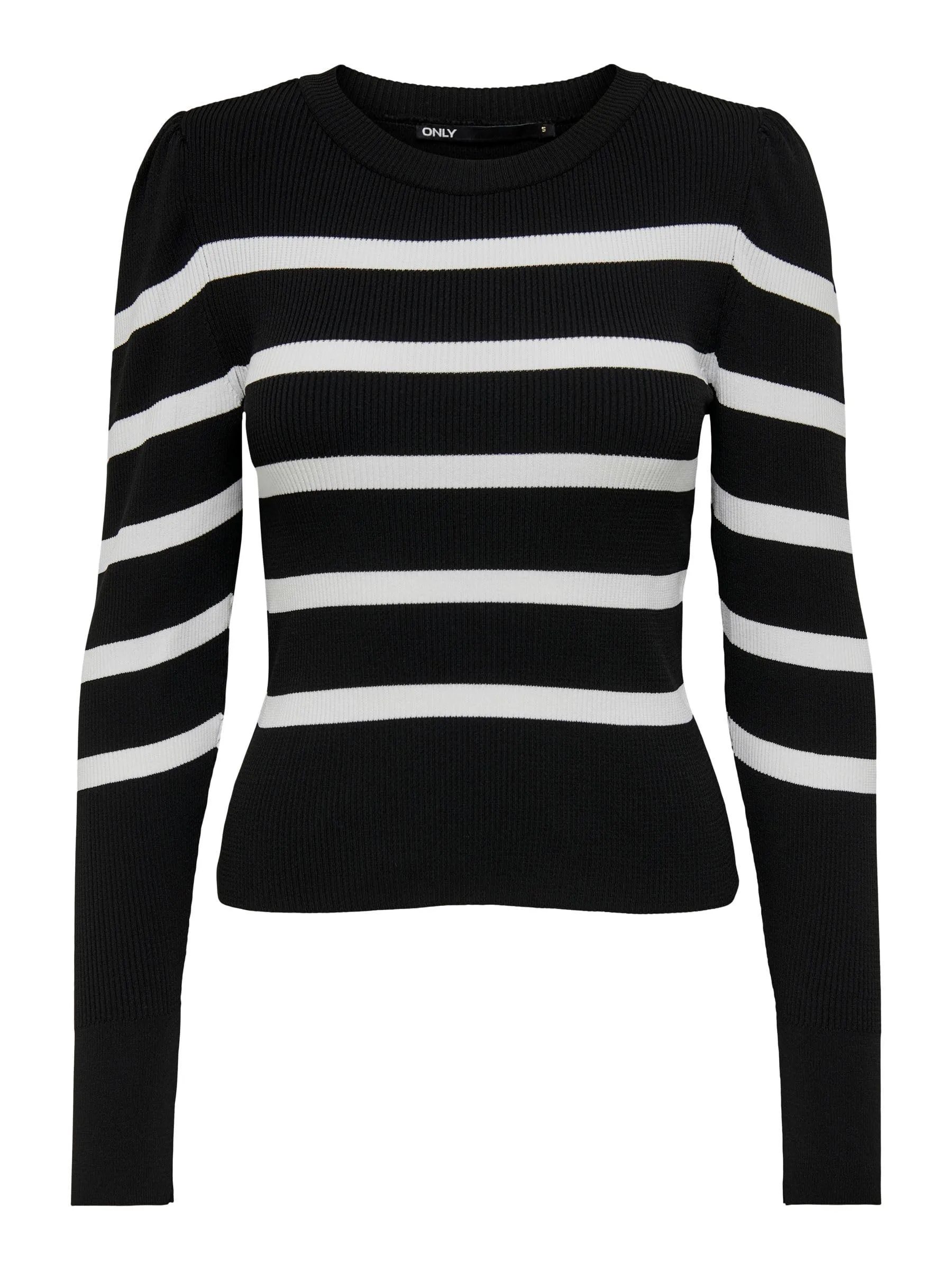 ONLY Onlsally L/S Puff Pullover Knt Noos Maglione, Nero/Righe: W. Cloud Dancer, M Donna