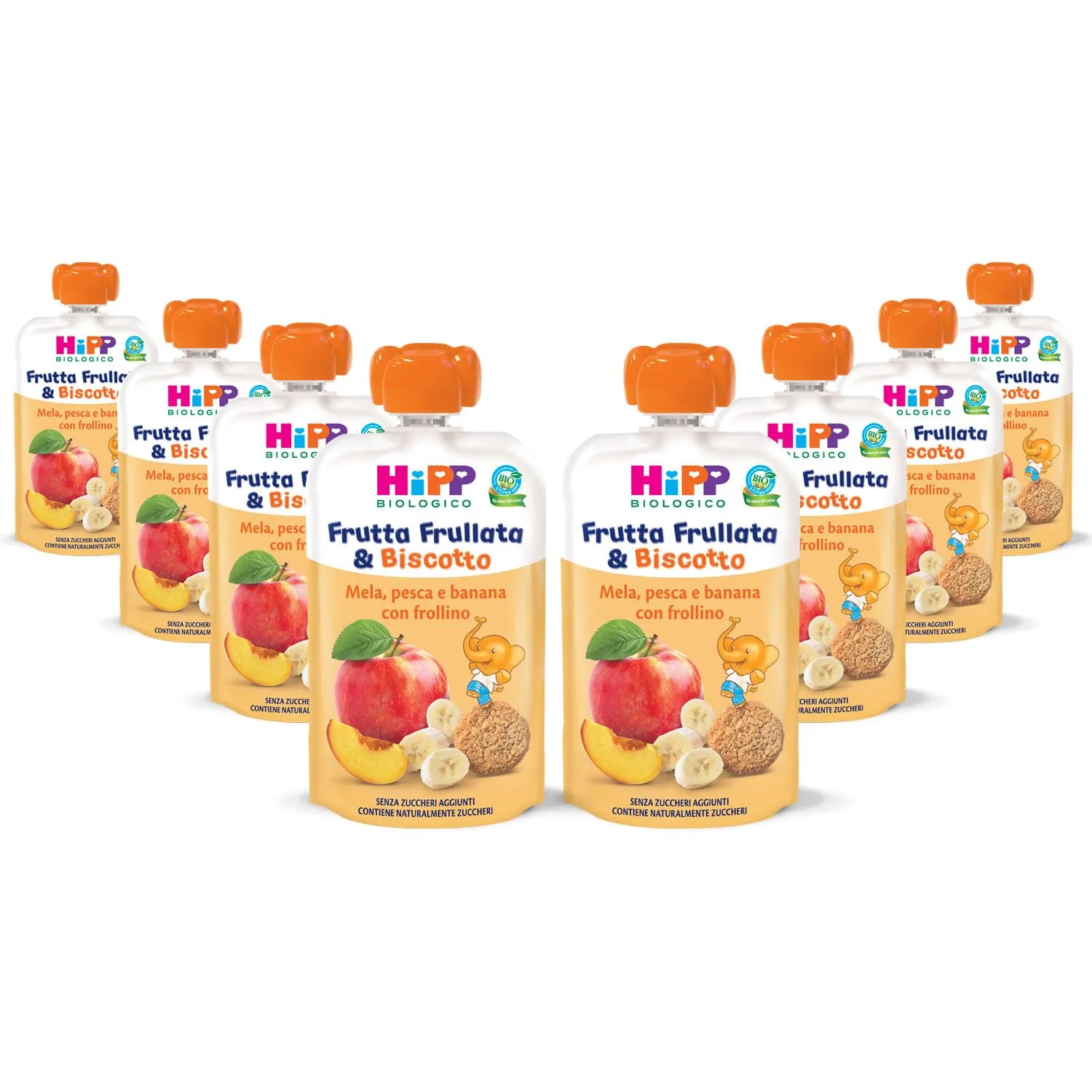 HiPP - Frutta Frullata e Biscotto Bio, Purea per Bambini al Gusto Mela, Pesca e Banana con Frollino ai Cereali Antichi, Senza Zuccheri Aggiunti, 8 Confezioni da 90 gr