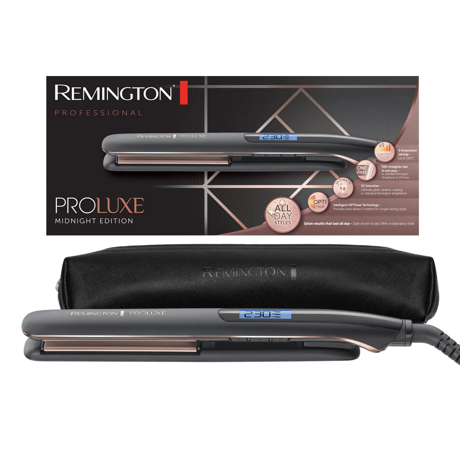 Remington Piastra Capelli - Piastre Strette in Ceramica strette Lunghe 110 mm - Tecnologia OPTIheat: risultati duraturi; Imp. Pro+ per Styling delicato; Display Dig; Riscaldamento Fast, ProLuxe S9100B