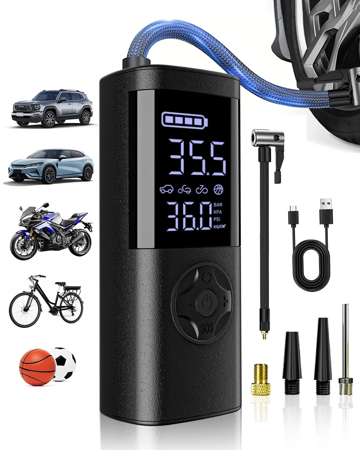 TEMOLA Compressore Aria Portatile, Gonfiatore Elettrico Portatile 150PSI, Compressore Auto con Funzione di Arresto Automatico, Display Digitale e Luce LED, per Auto, Moto, Biciclette, Palloni