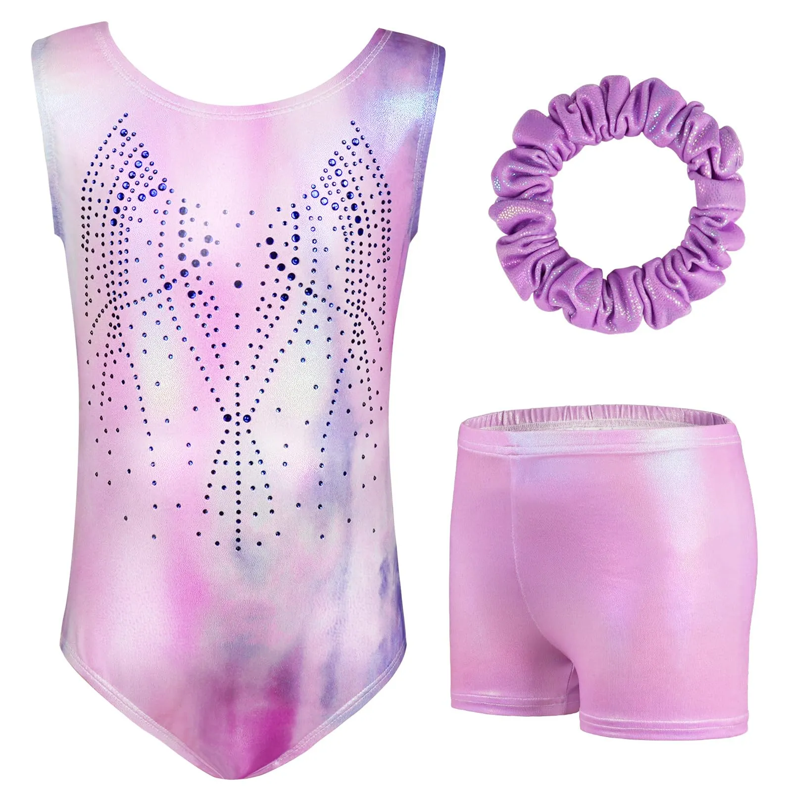 AOOWU Body da ginnastica da bambina, 3 pezzi, senza maniche, pantaloncini e fascia per capelli, leotardo per ginnastica, competizioni (130 code)