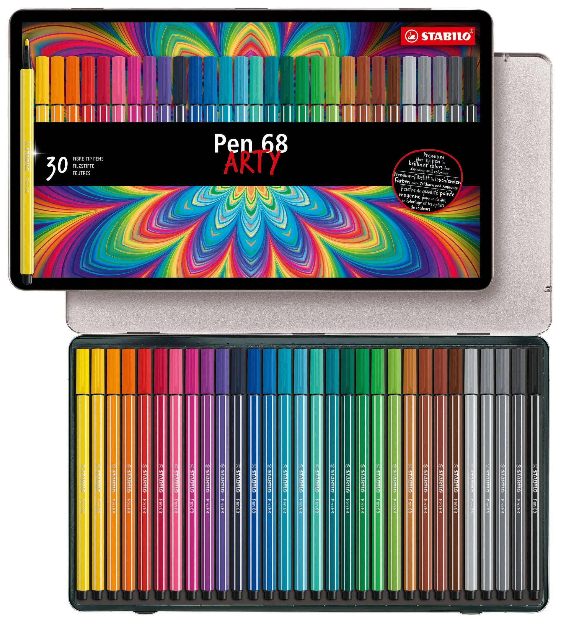 STABILO Pen 68 - Pennarello Premium - ARTY - Scatola in Metallo da 30 - Colori Assortiti