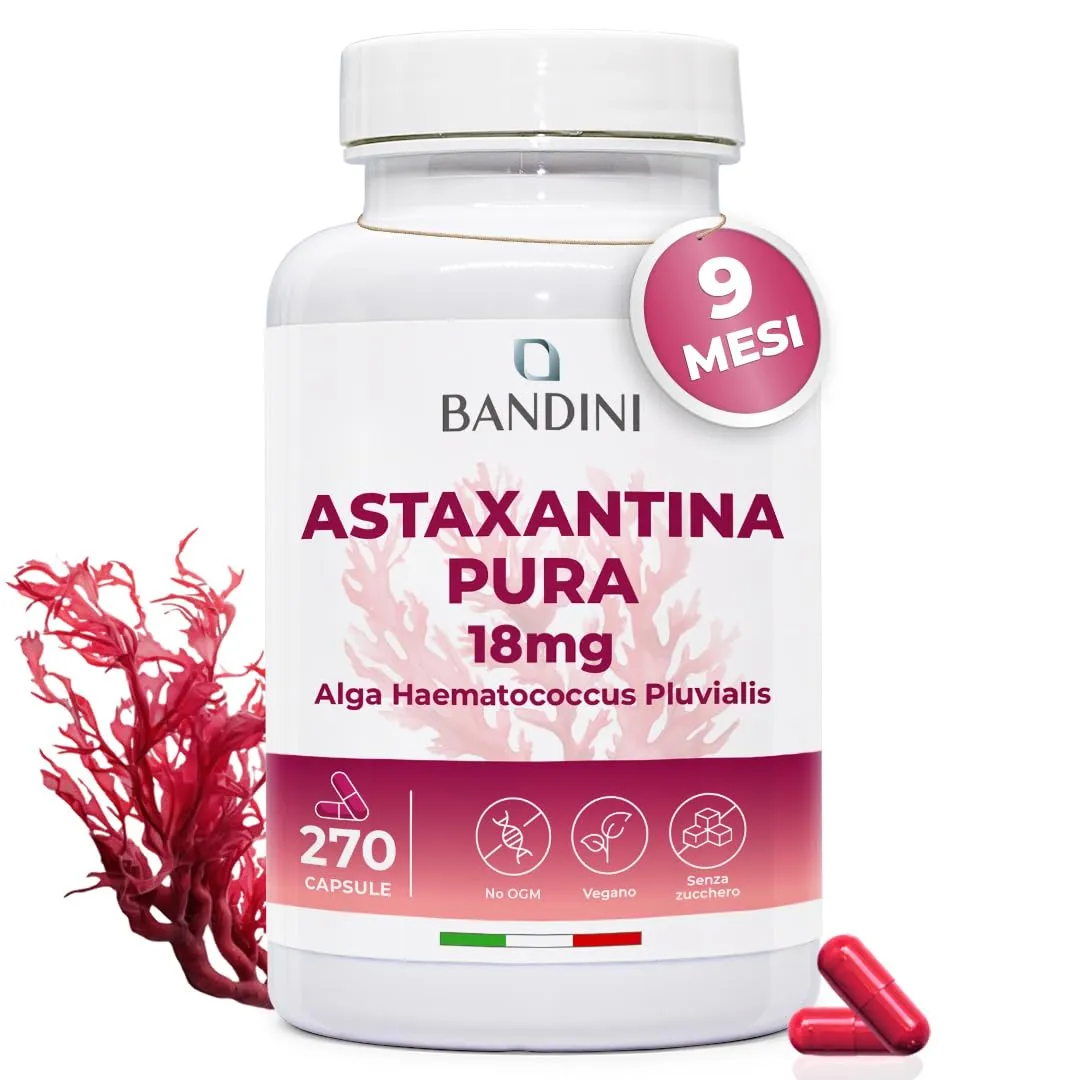 Bandini® Astaxantina pura 18 mg per capsula | 270 capsule - 9 mesi di scorta | Potente antiossidante naturale da alga Haematococcus Pluvialis - Natural Astaxantina, Senza magnesio stearato, Senza OGM
