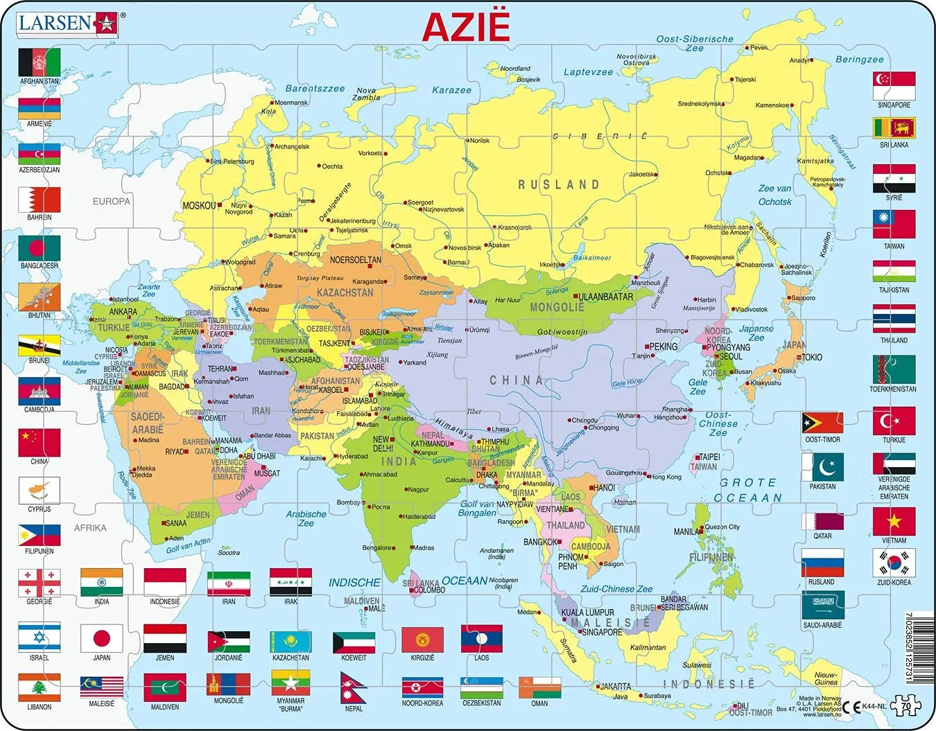 Larsen K44 Mappa Politica Asia, Edizione Olandese, Puzzle Incorniciato con 70 Pezzi
