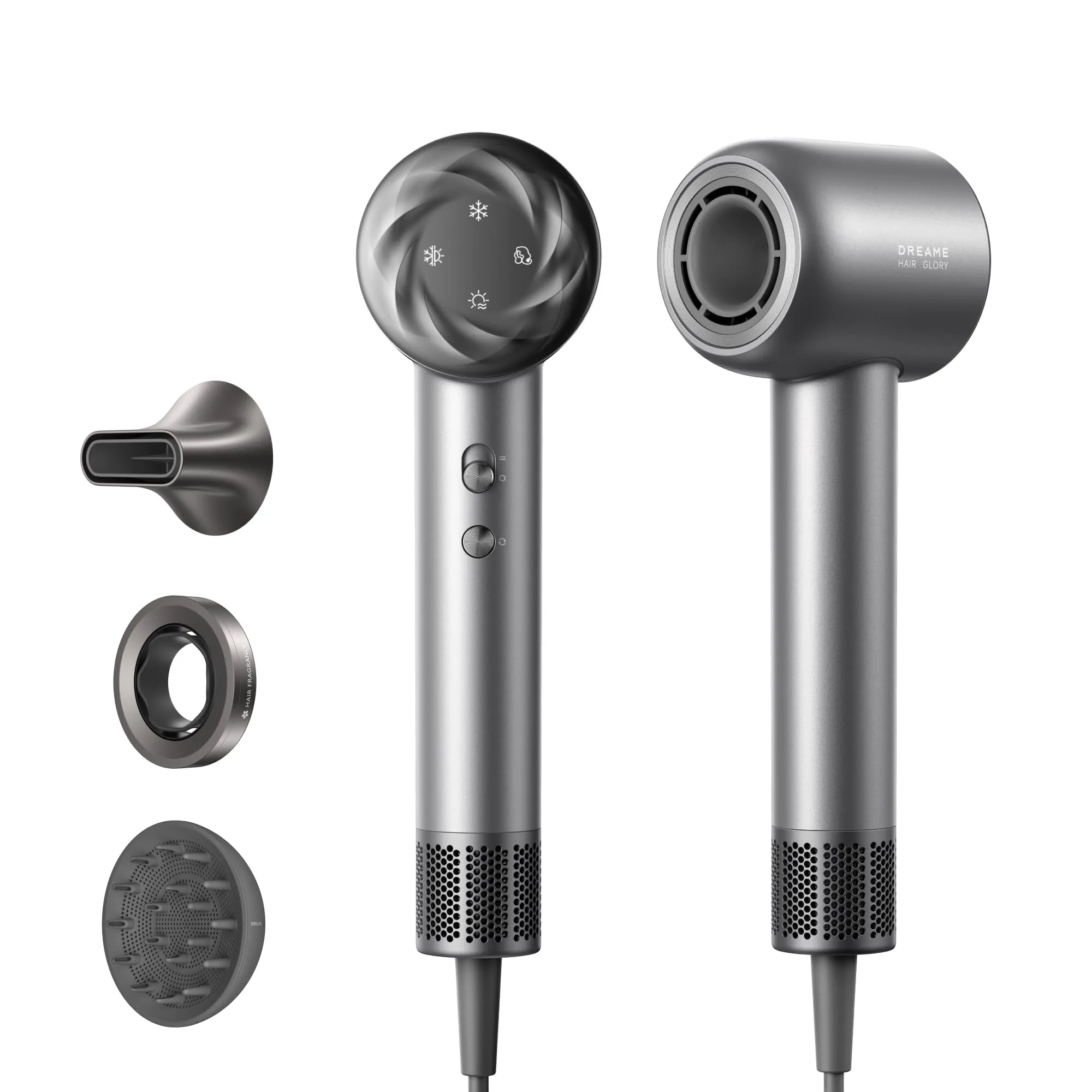 DREAME Hair Glory Mix Asciugacapelli ad Alta Velocità, 3 Bocchette Magnetiche, Controllo della Temperatura NTC, 300.000.000 di ioni Negativi/cm³, Motore da 110.000 Giri/min, Leggero 336g, Nero