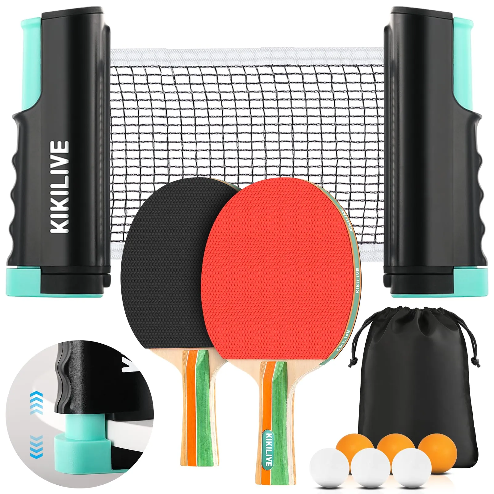 KIKILIVE Set da Ping Pong Portatile con Rete Estraibile, 2 Racchette, 6 Palline e Borsa da Trasporto - per Interni ed Esterni, Ideale per Famiglia, Tempo Libero e Allenamento