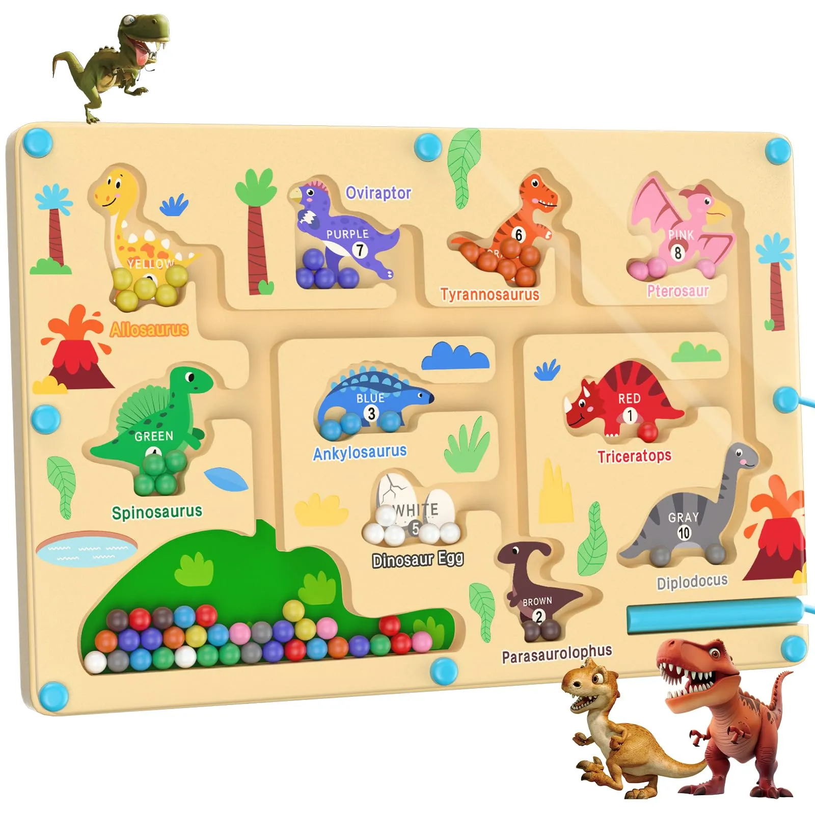 Giochi Montessori 3 4 5 6 Anni,Dinosauro Labirinto Magnetico Bambini di Numeri Colore in Legno,Imparare i Colori Gioco di Conteggio Ordinamento,Palline Magnetiche Colorate,Regalo per Ragazze Ragazzi