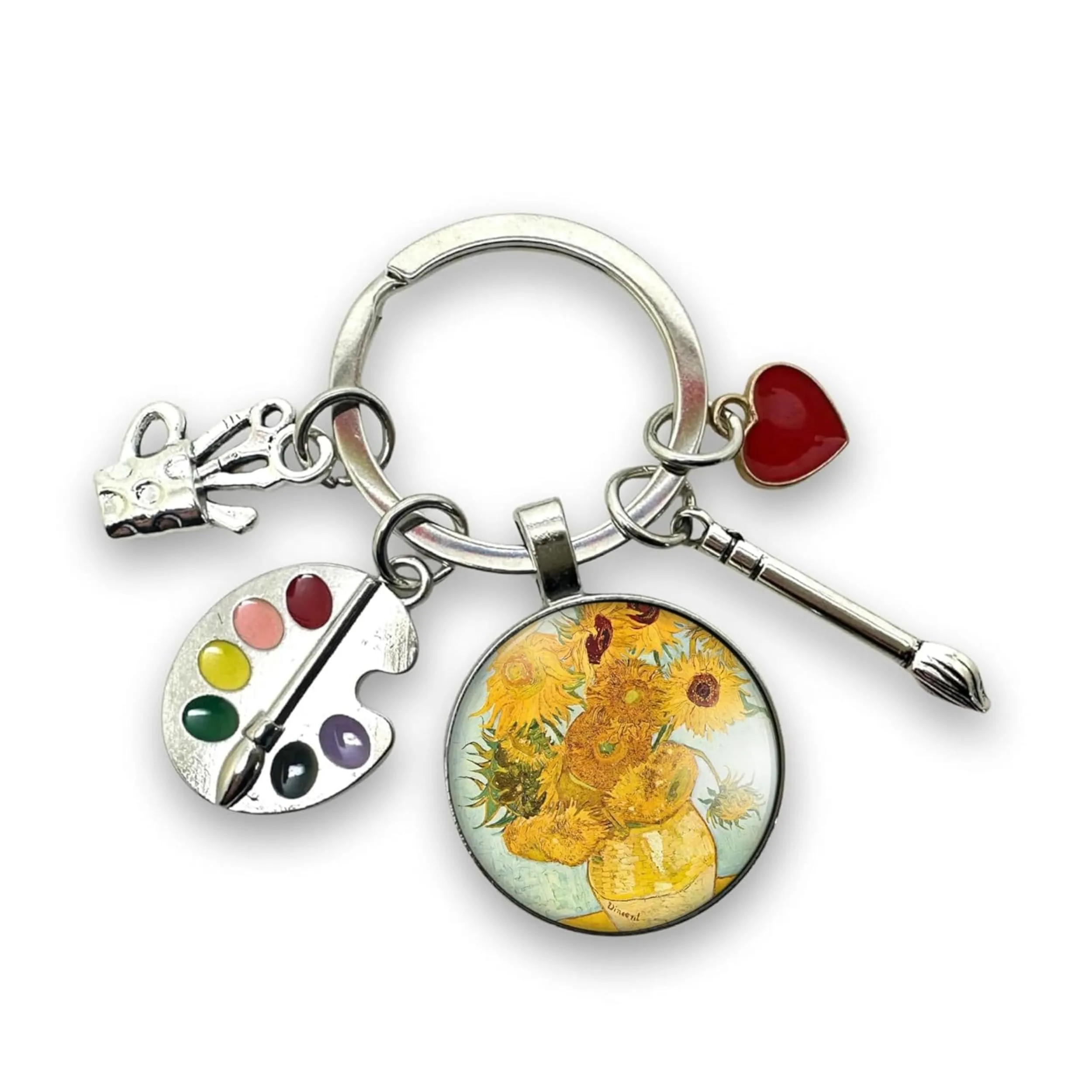 Regalo portachiavi « Il bacio » di Gustave Klimt, pittore, dipinto, tela con cabochon di vetro e ciondoli, tavolozza, pennello, pastello e cuore, creazione