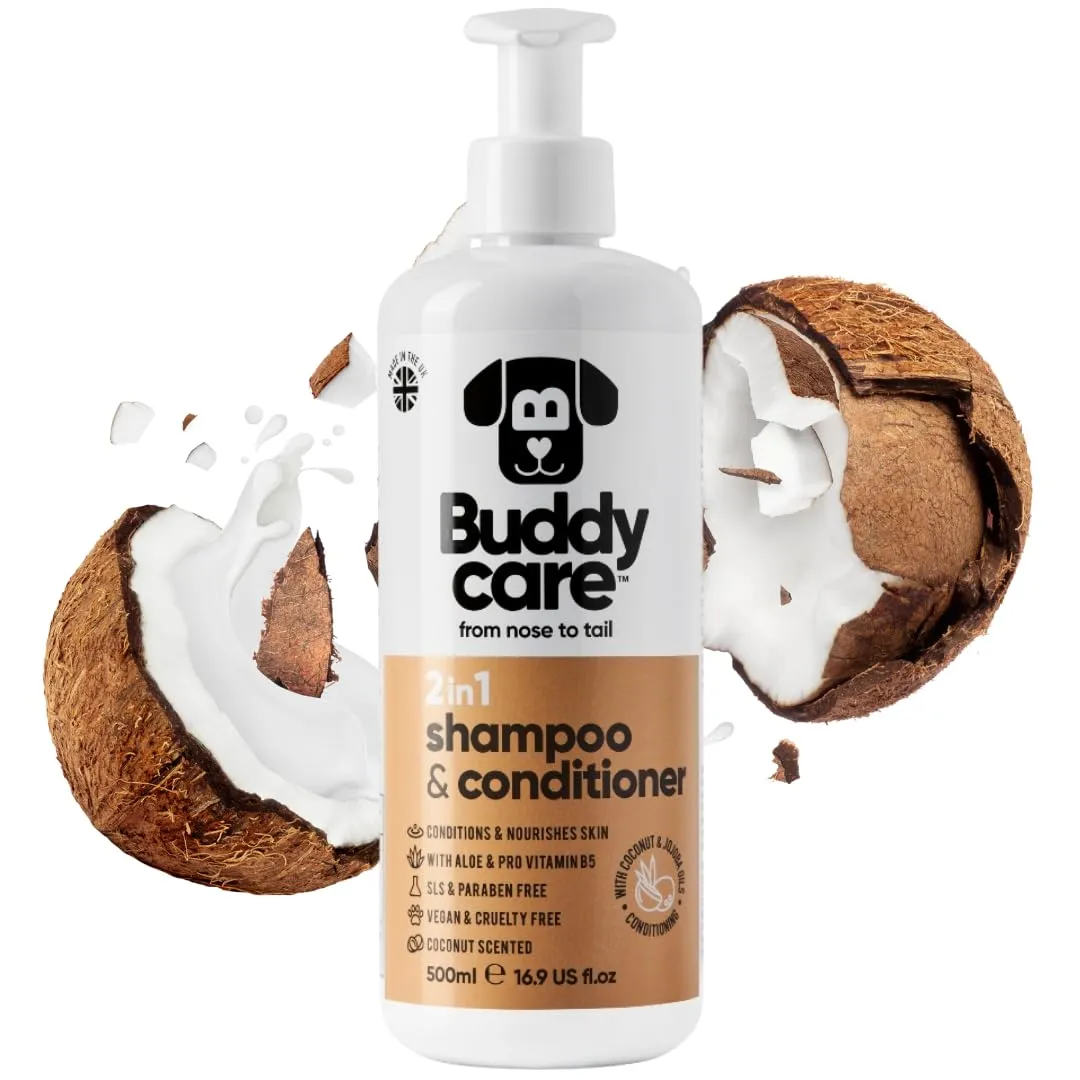 Buddycare Shampoo e balsamo per cani | Al Profumo Di Cocco | Con Aloe Vera e Pro Vitamina B5, 2 in 1, 500 ml