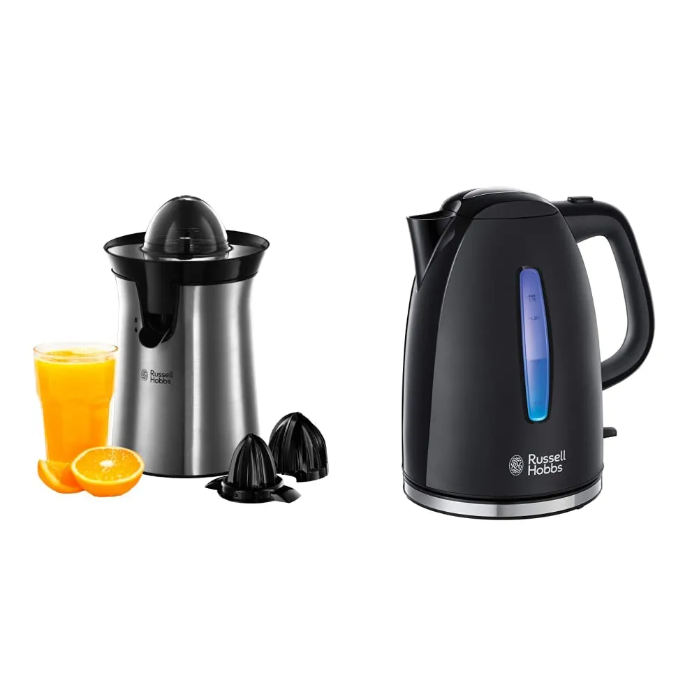 Russell Hobbs Spremiagrumi Elettrico, Bicchiere Grande e Piccolo, Rotazione bidirezionale & Bollitore acqua Elettrico, 2400 W, Energy Saving ok, Luce Blu, Filtro anticalcare rimovibile e lavabile