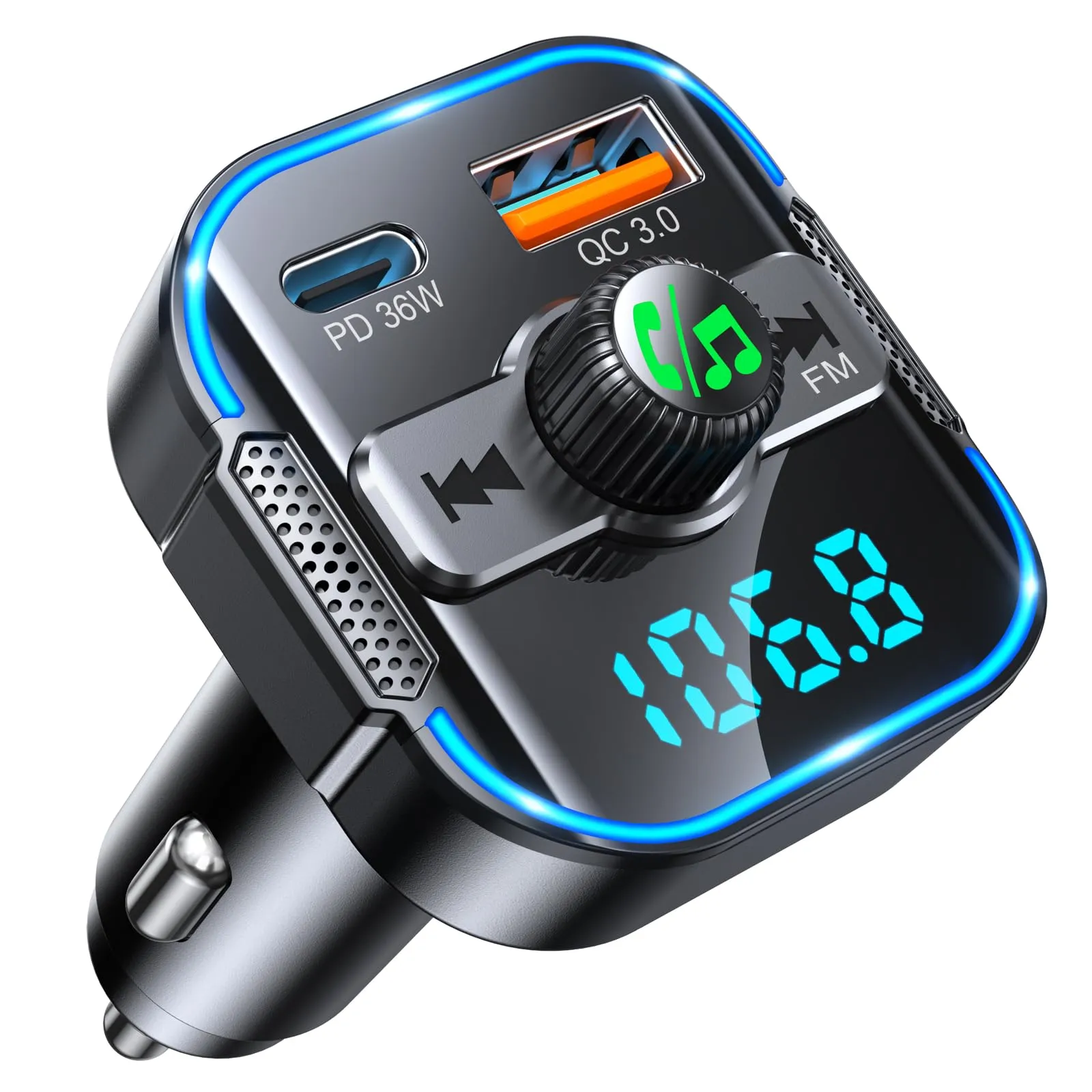 Glangeh Trasmettitore FM Bluetooth 5.3 per Auto [Ricarica Rapida PD 36W+QC3.0 18W], 2024 Upgrated Adattatore Bluetooth Auto Audio Radio con Doppi Microfoni, Car Kit Chiamata Vivavoce, Supporta Siri