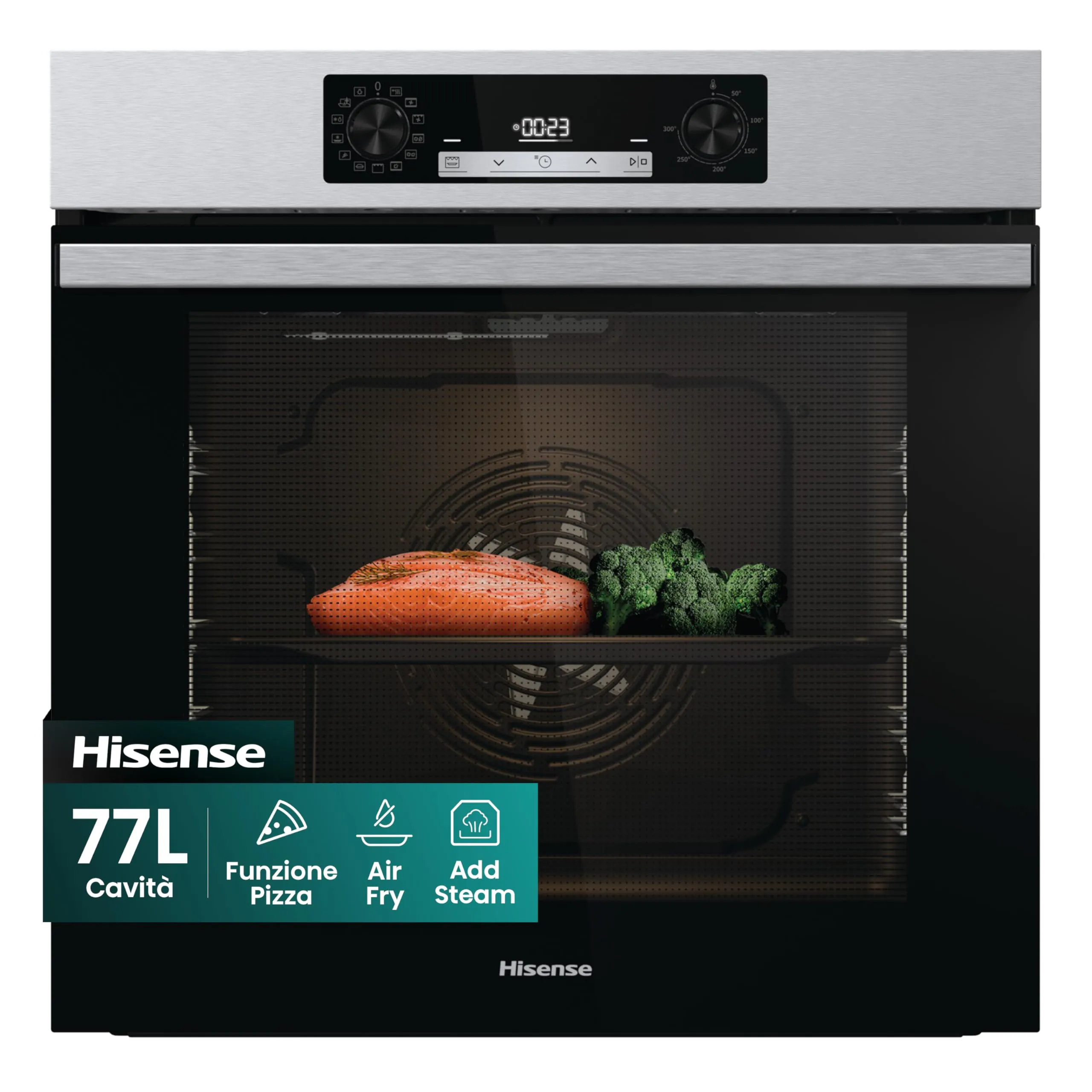 Hisense O65226AXS, Forno Elettrico da Incasso, Multifunzione Termoventilato con Vapore, Capienza XXL 77L, Pulizia AcquaClean, 13 Funzioni di Cottura (Pizza 300°C e AirFry), Inox Anti-impronta