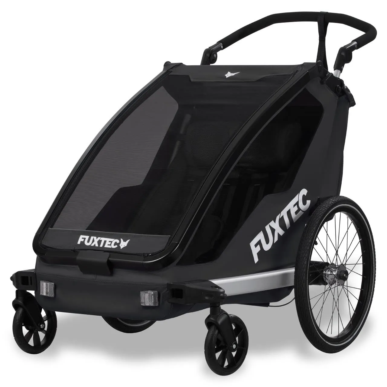 Fuxtec Carrello rimorchio per Bici Sportfux FA1 2in1 Convertibile in buggy con 2 Posti, Borsa Posteriore, Riflettori, Maniglia adattabile, Protezione Pioggia e Sole, Pieghevole Sicurezza Top NERO