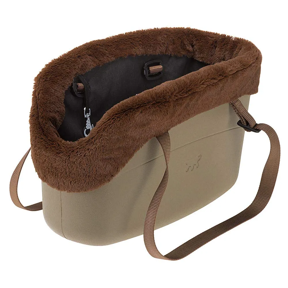 Ferplast Borsa per cani WITH-ME WINTER, in EVA Morbida plastica gommata, con rivestimento in pelliccia ecologica, Manici regolabili, Cinghiolo di sicurezza incluso, 21,5 x 43,5 x h 27 cm Tortora