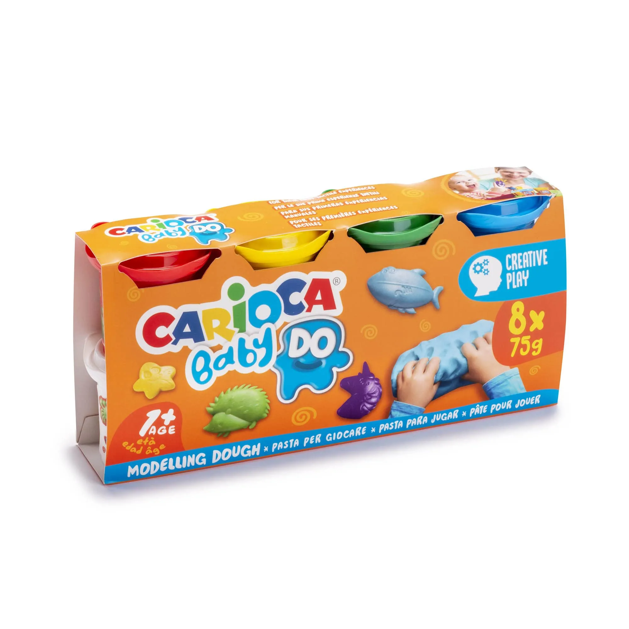 CARIOCA Pasta da Modellare Baby DO, Set di 8 Colori, per Bambini dai 12 Mesi, Colori Brillanti e Miscelabili, per Bambini di 1 Anno, Non Sporca Le Mani e Asciuga all'Aria, Contiene Frumento