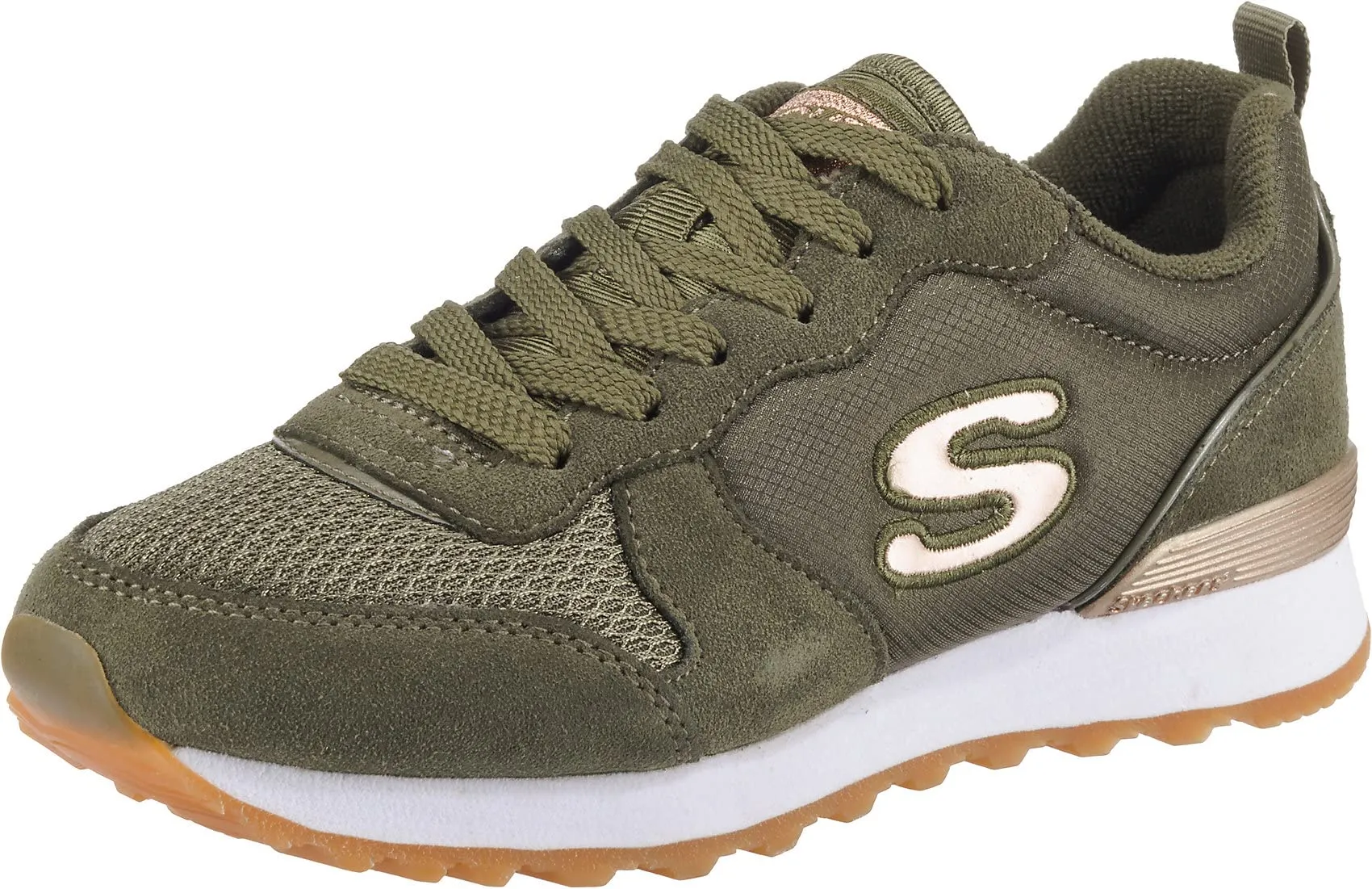 Skechers Og 85 Goldn Gurl, Sneaker a Collo Basso Donna, Olive Suede Nylon Mesh Rose Gold Trim, 39.5 EU