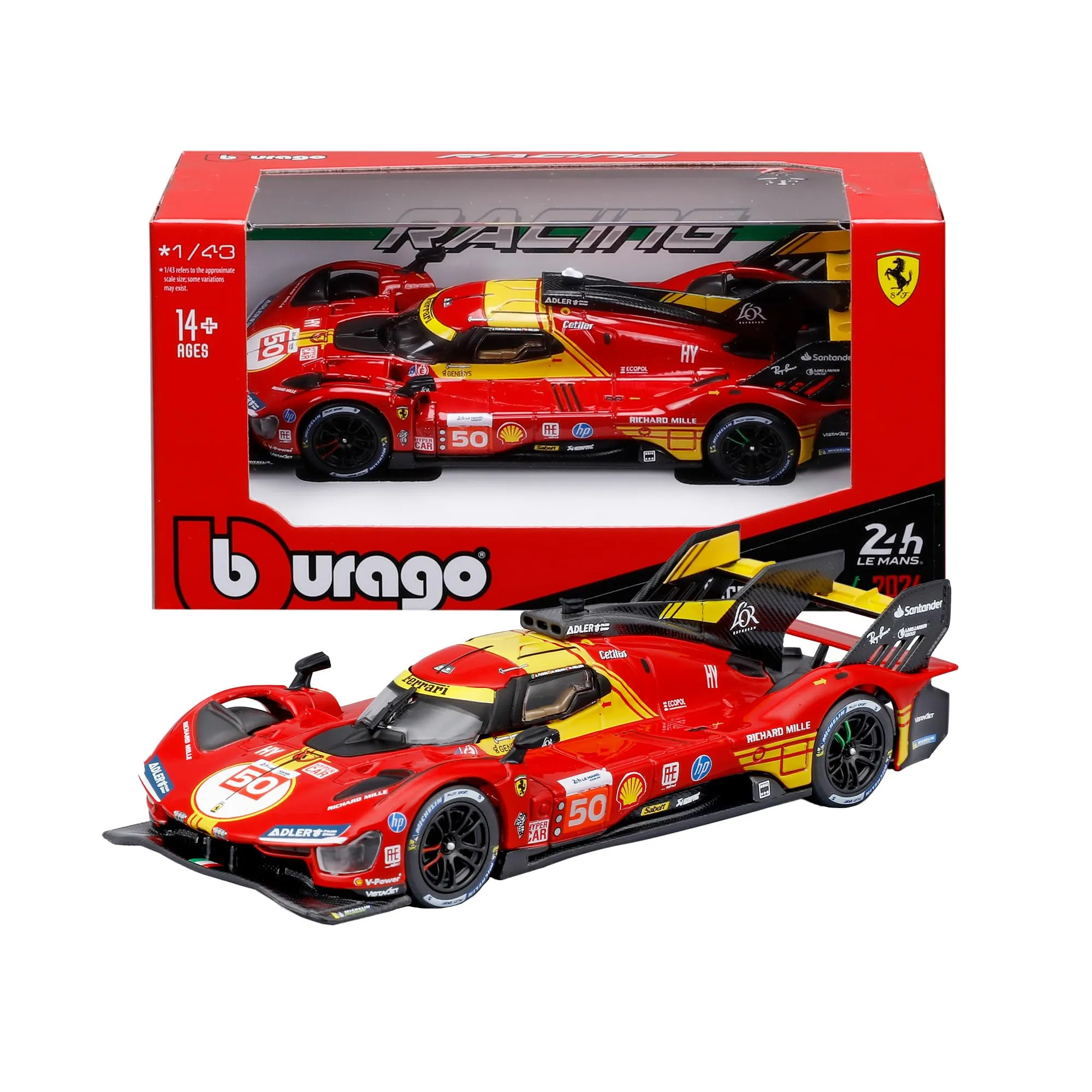 Bburago - Ferrari 499P Winner 2024#50, Auto in Diecast in Scala 1:43, Replica Dettagliata della Vincitrice della 24H di Le Mans, Licenza Ufficiale Ferrari, Età Consigliata 14+ Anni