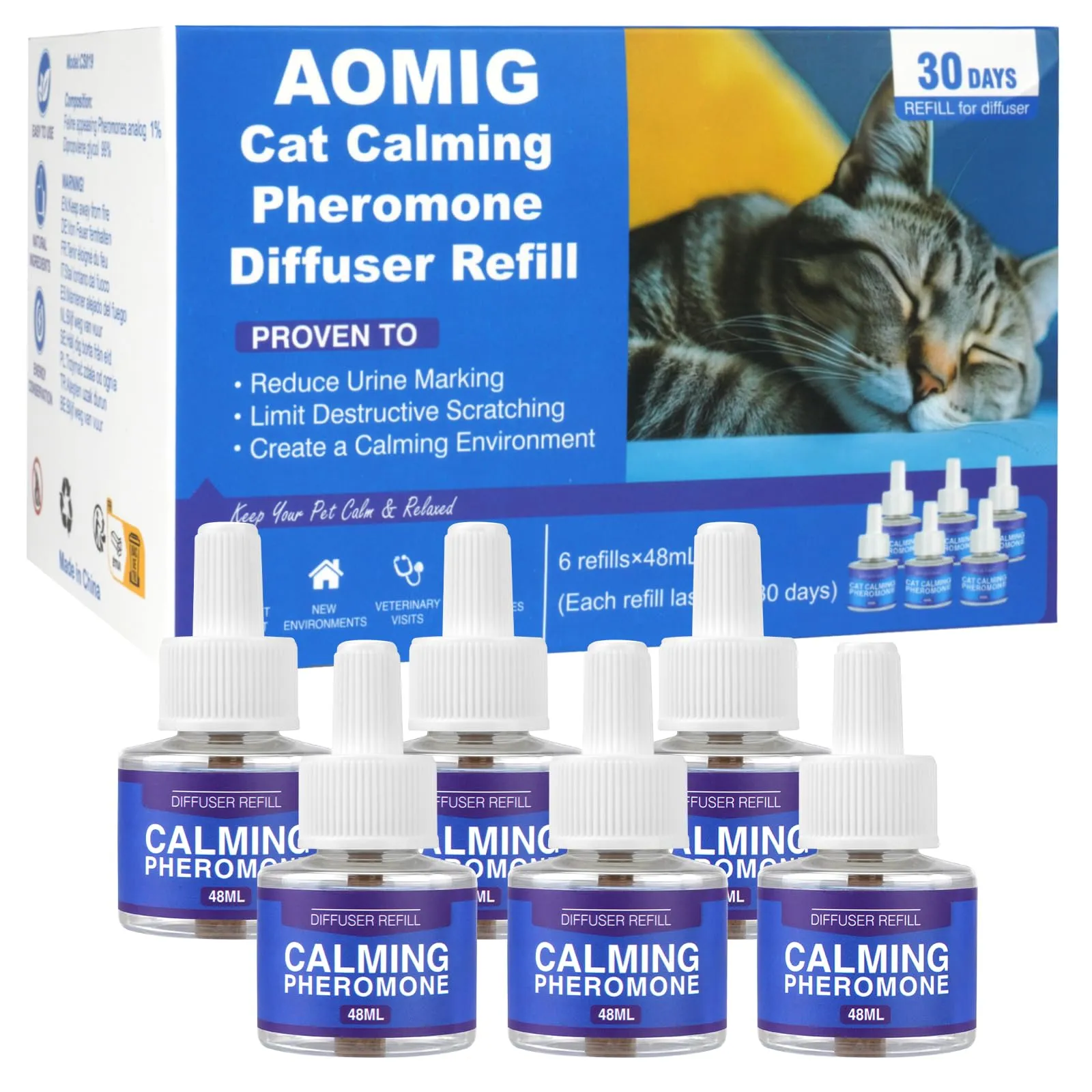 Aomig Calmante per Gattiper Antistress, 6 x Ricariche da 48 ml, Diffusore Calmante Gatti, Diffusore Feromoni per Gatti, Feromoni Felini Rilassanti e Tranquillanti per Gatti Irrequieti e Stressati