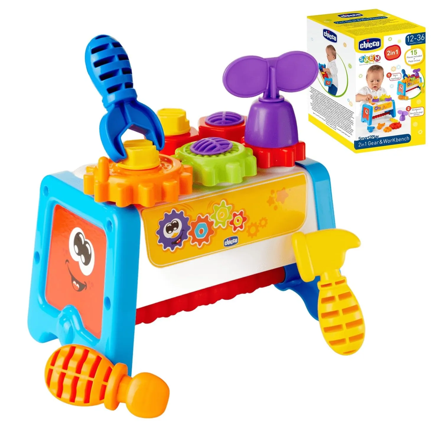 Chicco Cassetta degli Attrezzi 2 in 1, Banco da Lavoro per Bambini con Attrezzi Giocattolo, Gioco STEM con 15 Pezzi tra Cui Martello, Cacciavite e Chiave Inglese - Giochi Educativi 1 Anno - 3 Anni