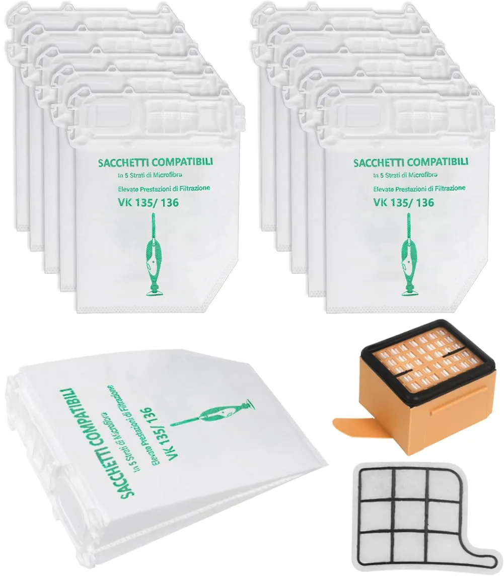 10 Sacchetti per Aspirapolvere Folletto vk135 vk136 con 1 Filtro Hepa 1 Filtro Griglia
