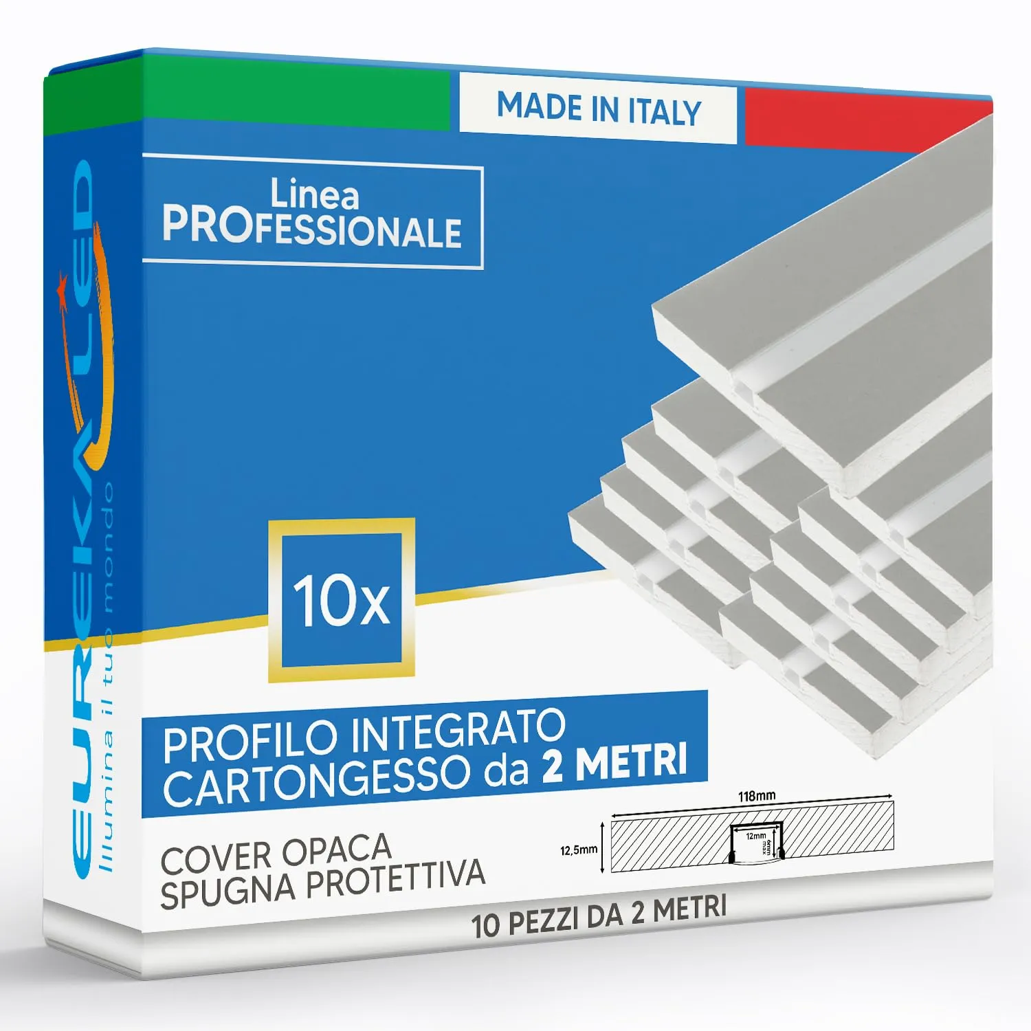 10pz Profilo in Alluminio 2mt per Strisce LED Integrato in Lastra di Cartongesso 12,5mm - Struttura pronta da incasso e montaggio con copertura opaca