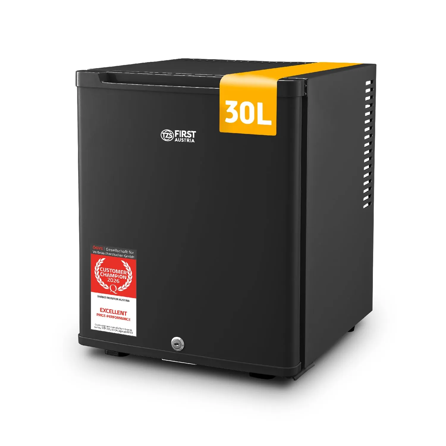 TZS First Austria - Mini Frigorifero 30L completamente silenzioso - Piccolo Minifrigo con porta reversibile e luce interna - Minibar per campeggio, ufficio, camera da letto e hotel - Nero opaco