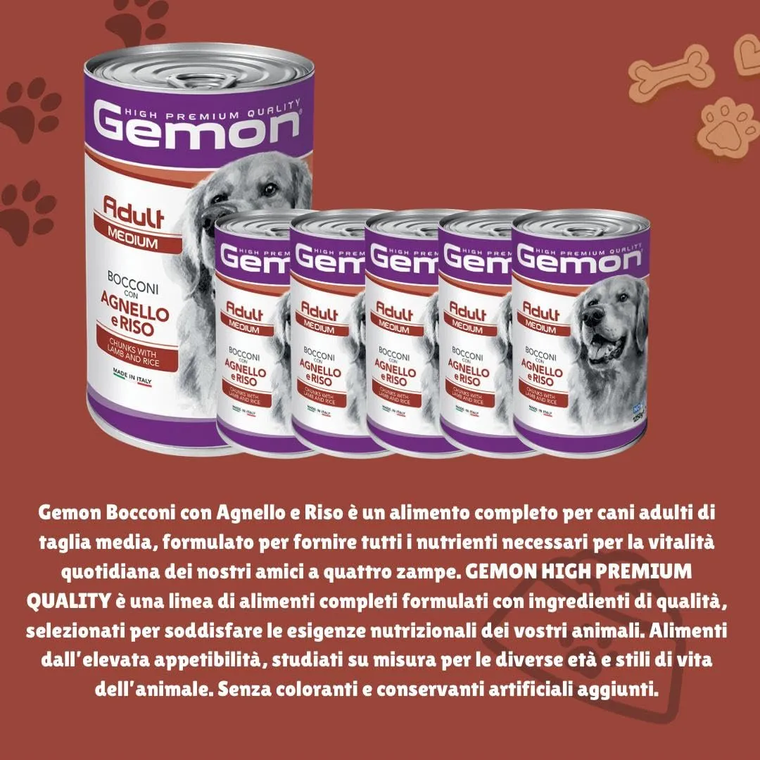 Gemon Umido Cane Adult All Breeds gusto AGNELLO, bocconi per cani adulti, alimento completo | 12 scatolette da 400 grammi l’una.