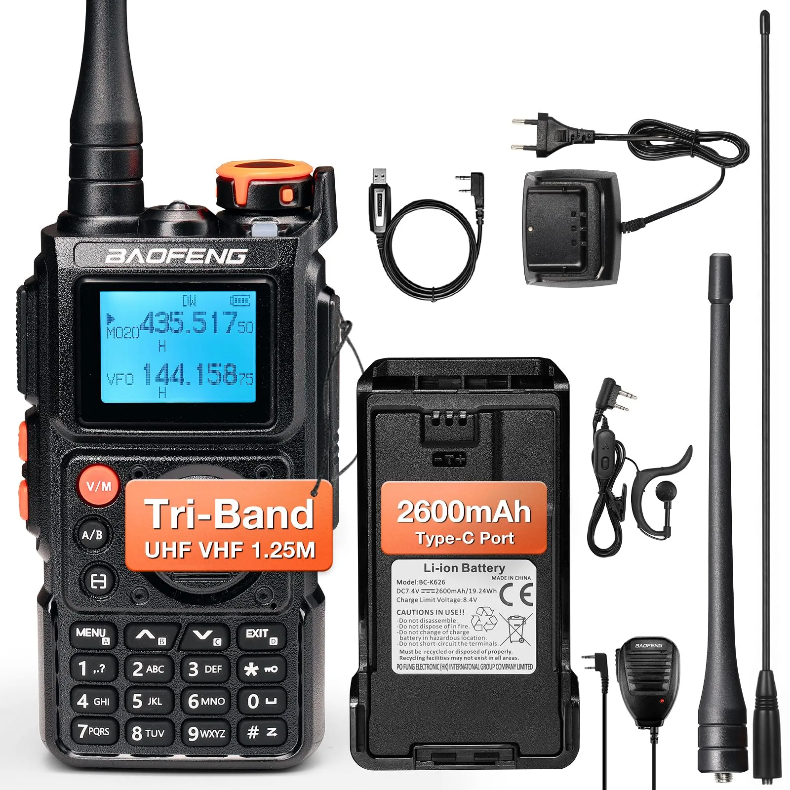 BAOFENG K6 Tri-band Walkie Talkie, 6W radio amatoriale, Multi Band UHF/VHF/FM/Aria, batteria da 2600 mAh, ricarica USB-C, cavo di programmazione, 999 CH, copia della frequenza wireless