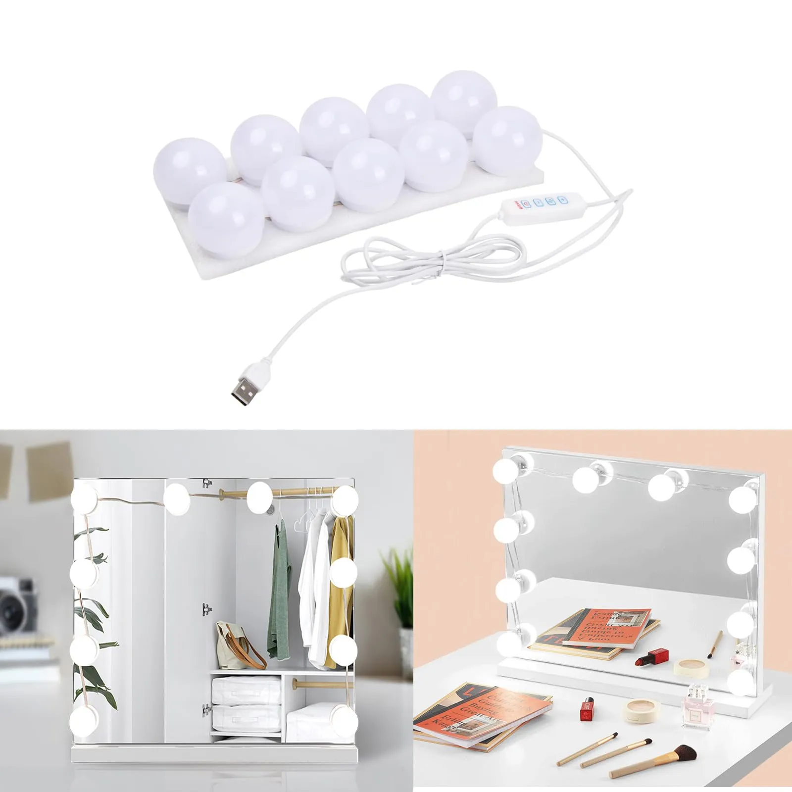 Qtuie Luci da trucco per specchio LED Hollywood Luci per specchio Colore e luminosità regolabili Lunghezza Lampadina per trucco Luci per specchio Luci per trucco Toeletta Bagno 10 lampadine