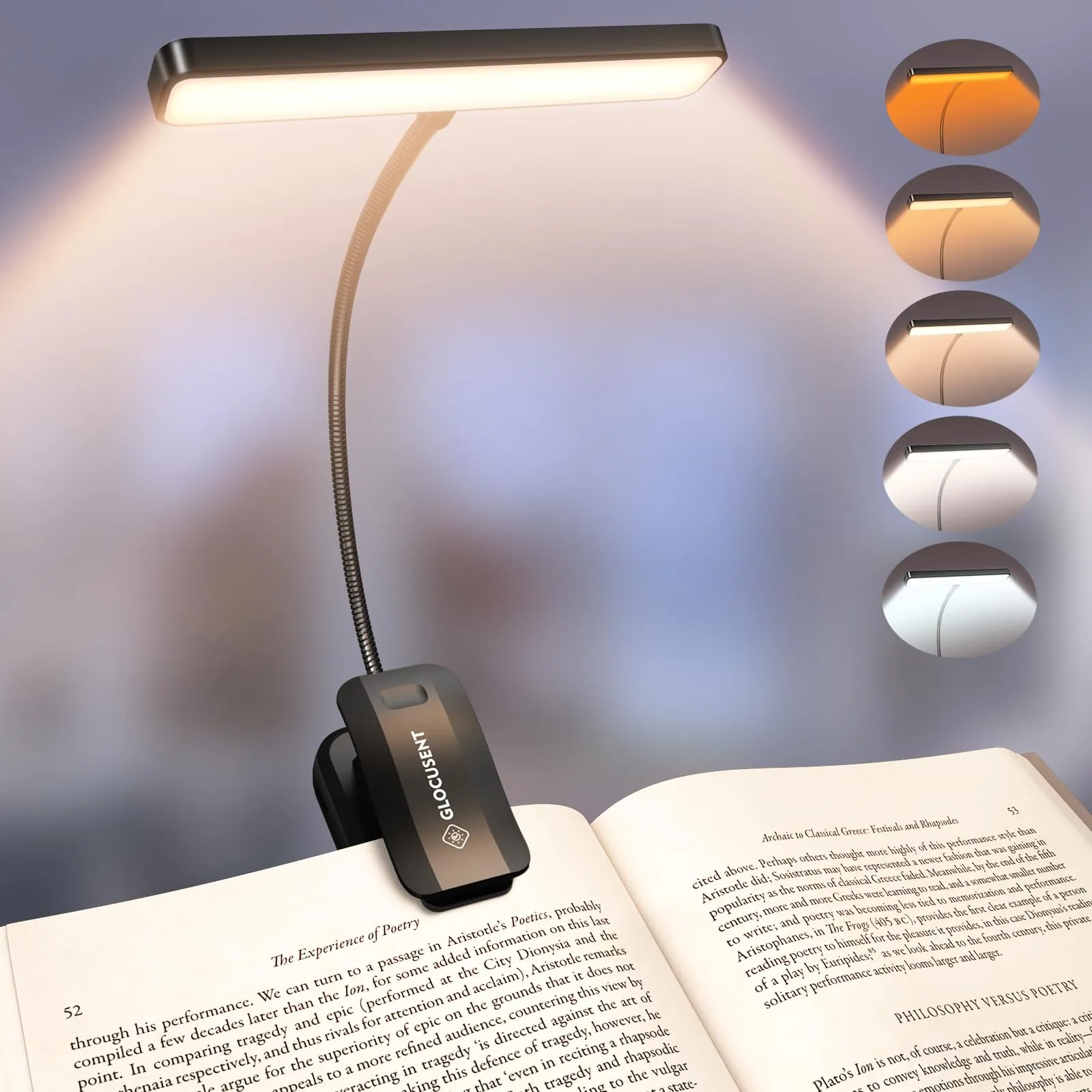 Glocusent 26 LEDs Luce per Lettura Libri a Letto, Lampada Luce da Lettura per Libro USB-C Ricaricabile con 5 Colore e 5 Luminosità, 360° Regolabile Lampada Libro per Notturna (Nero)