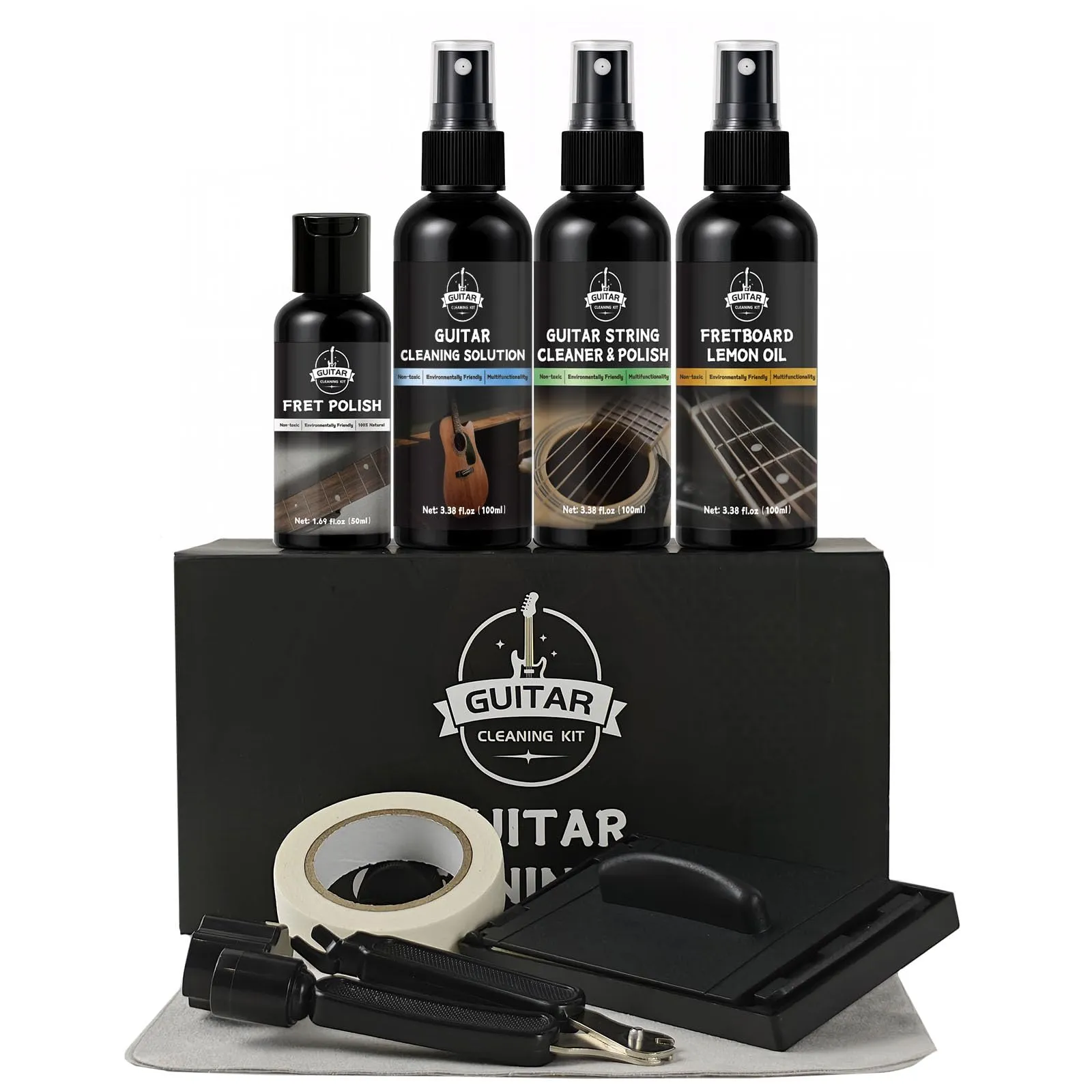 DINGSEN Kit di pulizia per chitarra, set professionale di 8 pezzi con detergente per chitarra, olio per tastiera, cera lucidante, detergente per corde, taglierina 3 in 1 e panno in microfibra