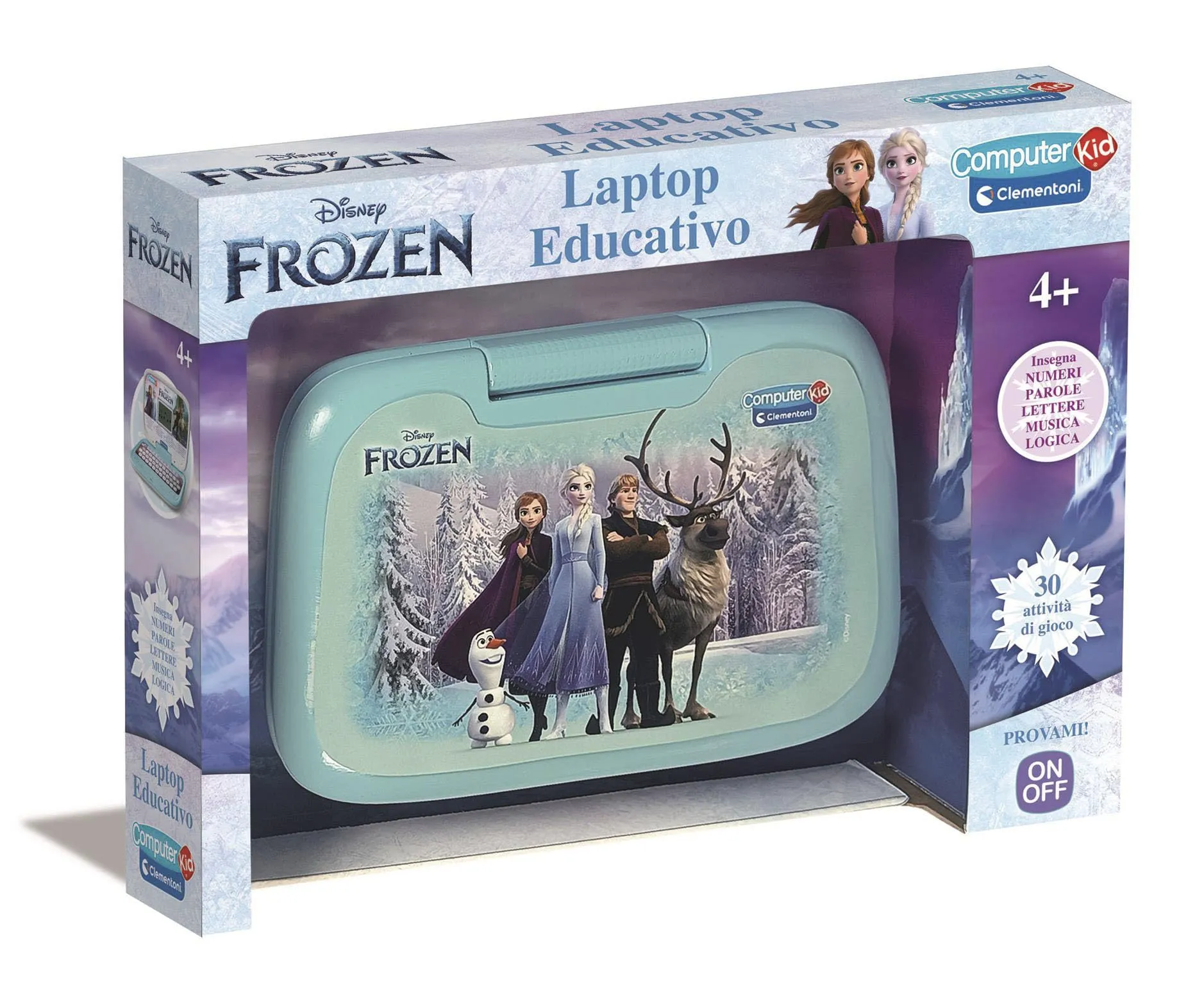 Clementoni - Computer Kid Frozen Laptop Educativo Bambini 4+ Anni, 30 attività Interattive per Imparare Lettere, Numeri, Logica e Musica, Tastiera Illustrata e Schermo LCD, Lingua Italiana, 16056