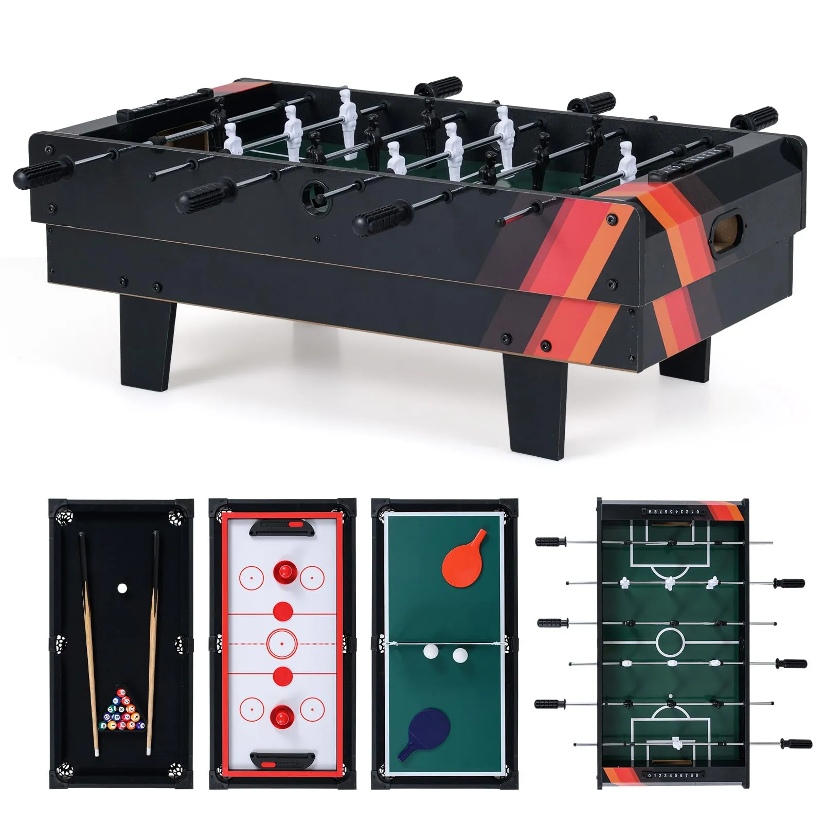 COSTWAY Tavolo Multigioco, Gioco Multifunzione 4 in 1-Calcio Balilla, Tavolo da Biliardo, Ping Pong, Air Hockey, Calcetto Multigioco per Adulti e Bambini, Casa Feste Bar (Nero)