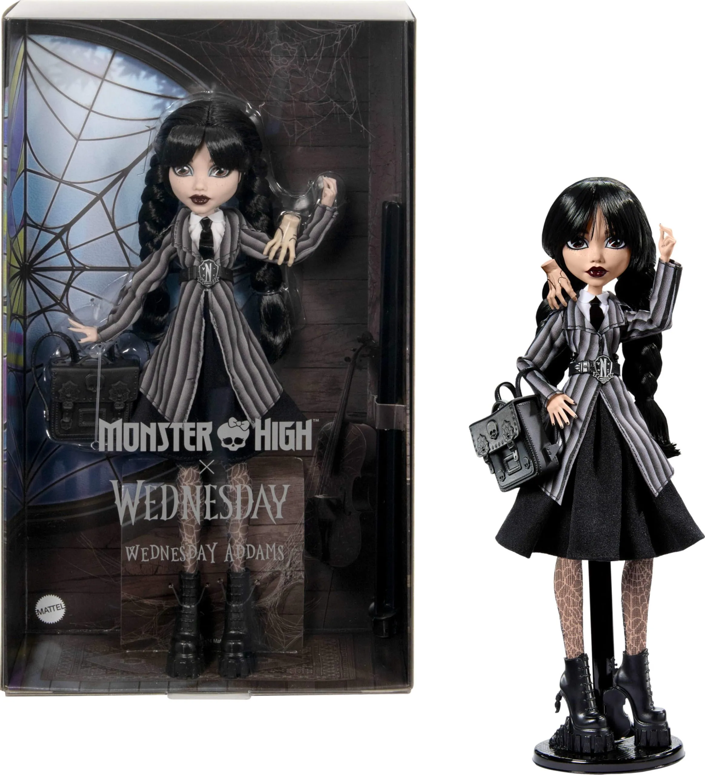 Monster High Mercoledì, bambola e accessori, Mercoledì Addams da collezione in uniforme Nevermore Academy con Mano; zaino e piedistallo per bambola, HXJ04