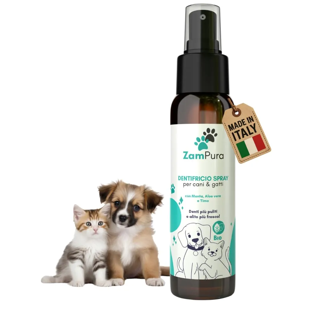 ZamPura Dentifricio Spray per Cani e Gatti - Pulizia Denti, Alito Fresco e Anti-Tartaro - Naturale con Aloe e Menta, Senza Risciacquo, 100ml