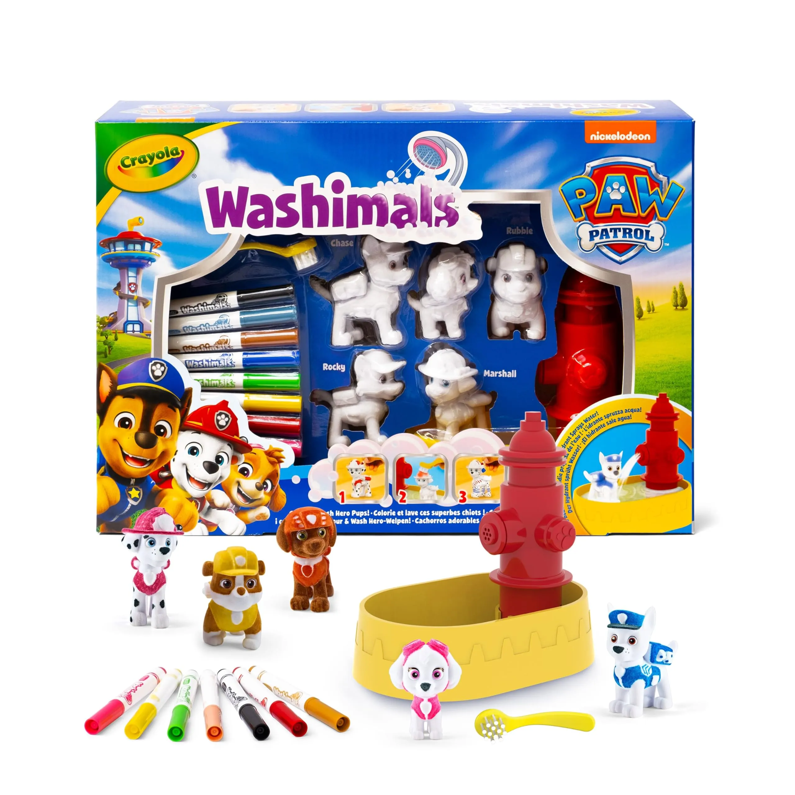 CRAYOLA - Washimals Paw Patrol, Set Attività con 5 Cuccioli, 8 Pennarelli Lavabili, Vasca con Idrante, Spazzolina, Gioco e Regalo per Bambini, da 3 Anni, 74-0291