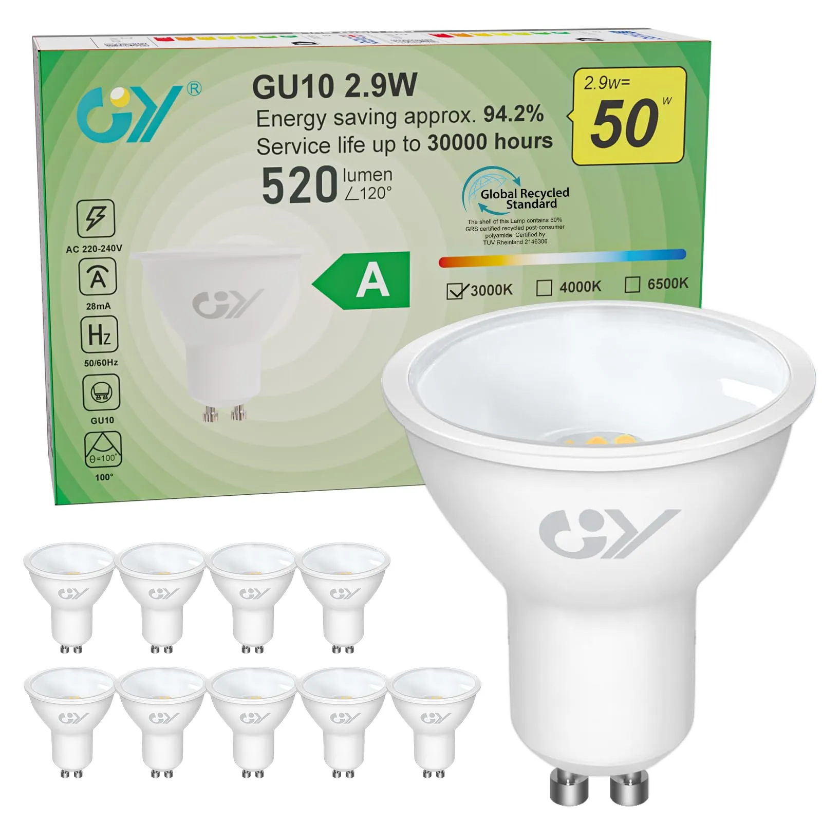 GY Lampadina LED GU10, 2.9W equivalente a una lampadina alogena da 50W, Lampadine led GU10 3000K Bianco Caldo, 520Lumen, Angolo di illuminazione 110°, Attacco GU10 lampada, Non dimmerabile