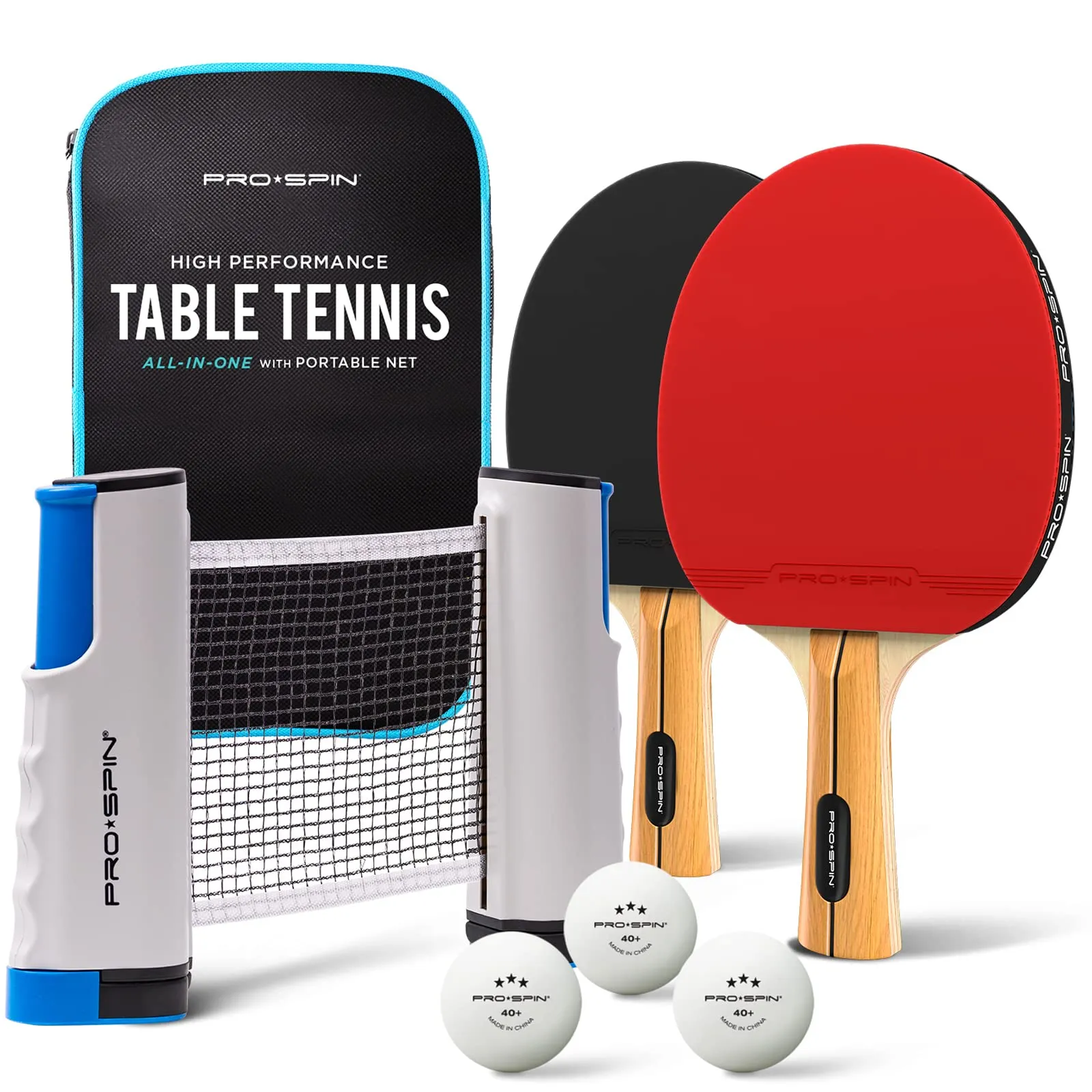 PRO-SPIN Ping Pong Set da Tavolo Portatile - Kit Premium con Rete Estensibile per Qualsiasi Tavolo, Racchette, Palline e Custodia (Set da 2 giocatori)